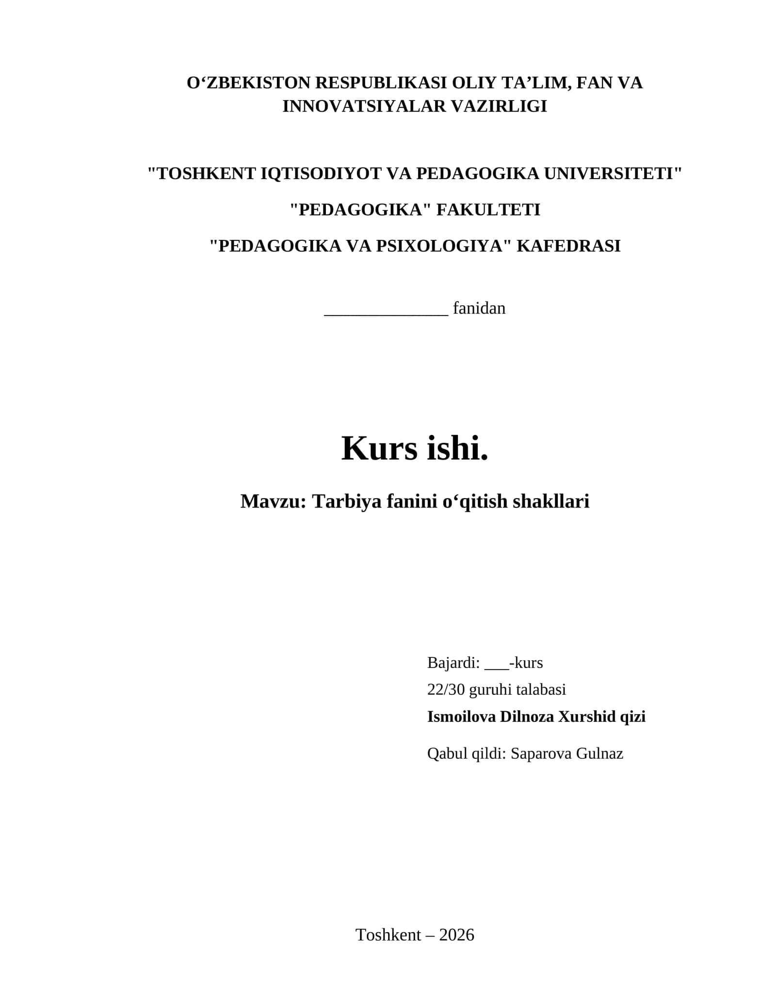 Tarbiya fanini oʻqitish shakllari