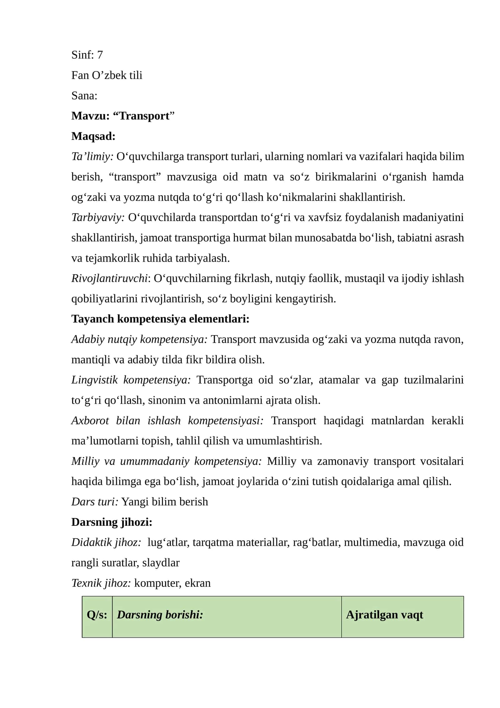 Transport dars ishlanma 7-sinf o'zb tili
