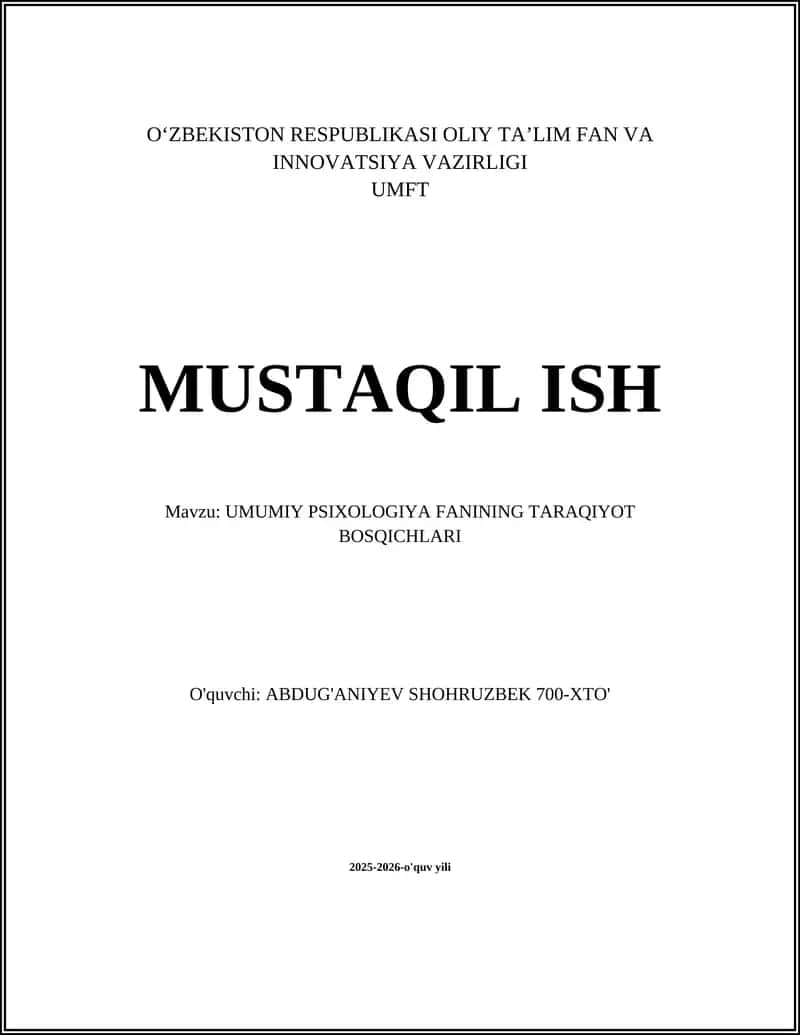 UMUMIY PSIXOLOGIYA FANINING TARAQIYOT BOSQICHLARI