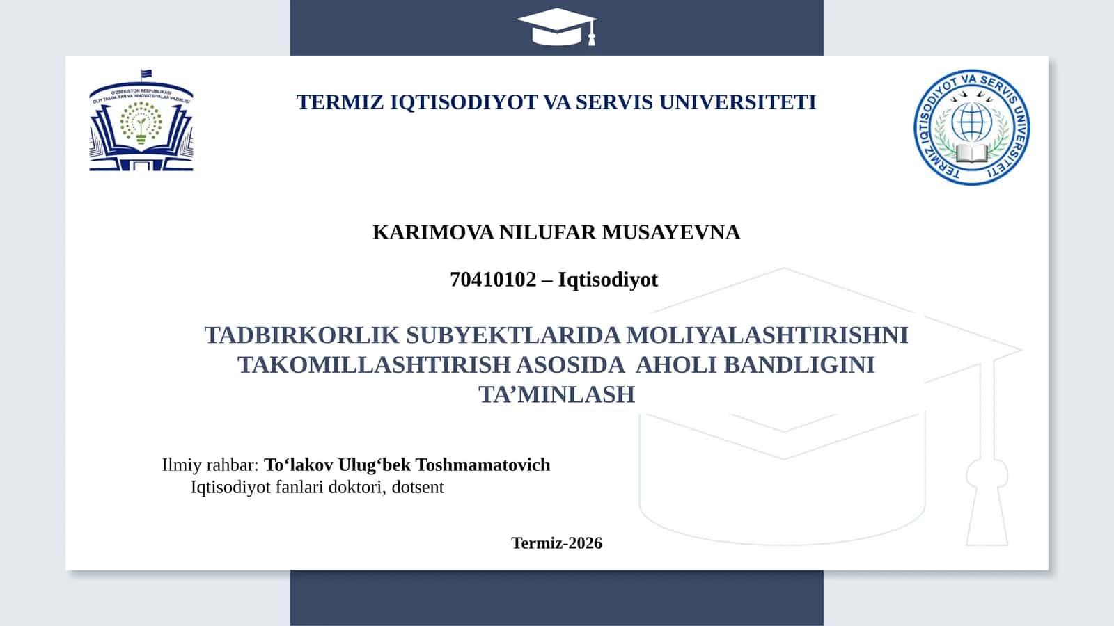 TADBIRKORLIK SUBYEKTLARIDA MOLIYALASHTIRISHNI TAKOMILLASHTIRISH ASOSIDAAHOLIBANDLIGINI TA’MINLASH