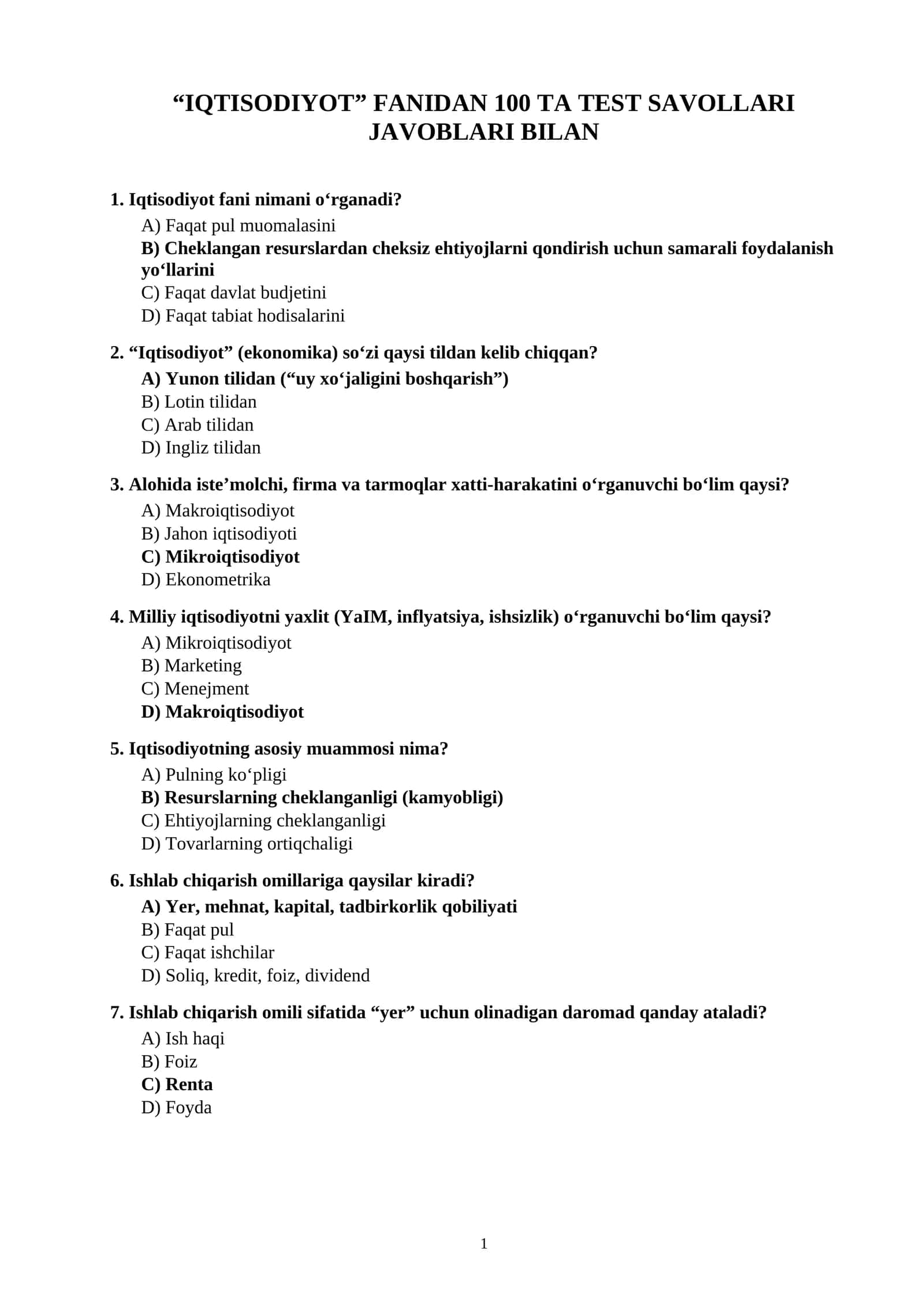 IQTISODIYOT” FANIDAN 100 TA TEST SAVOLLARI JAVOBLARI BILAN