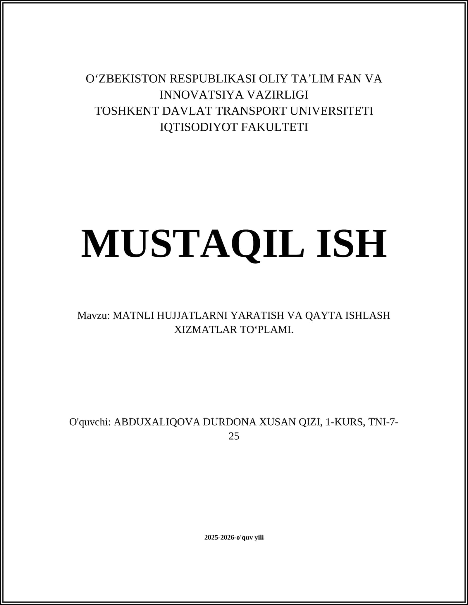 MATNLI HUJJATLARNI YARATISH VA QAYTA ISHLASH XIZMATLAR TO‘PLAMI