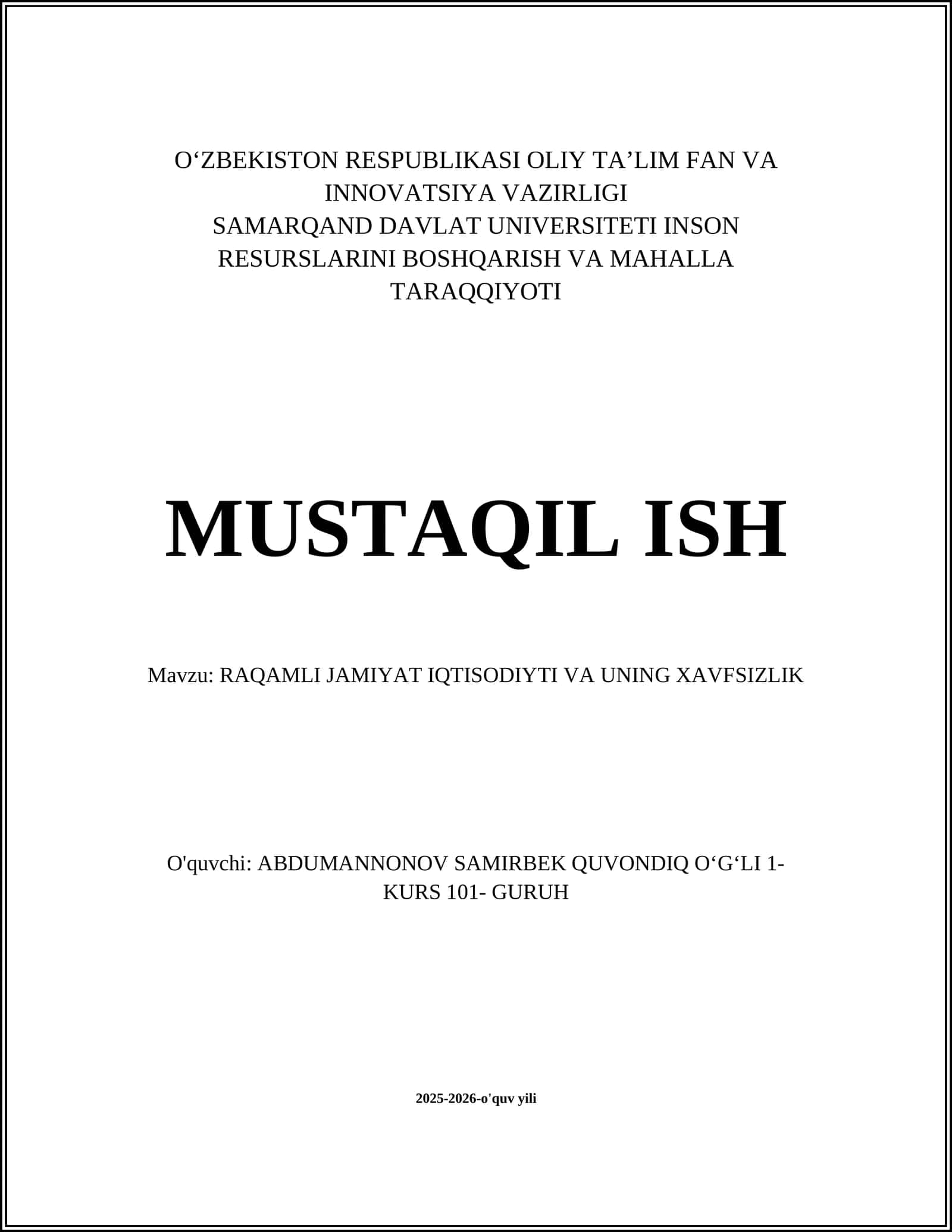RAQAMLI JAMIYAT IQTISODIYTI VA UNING XAVFSIZLIK