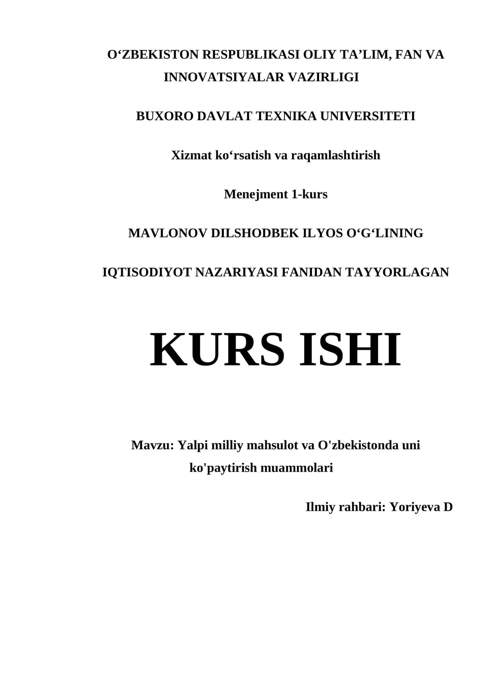 Yalpi milliy mahsulot va O'zbekistonda uni ko'paytirish muammolari