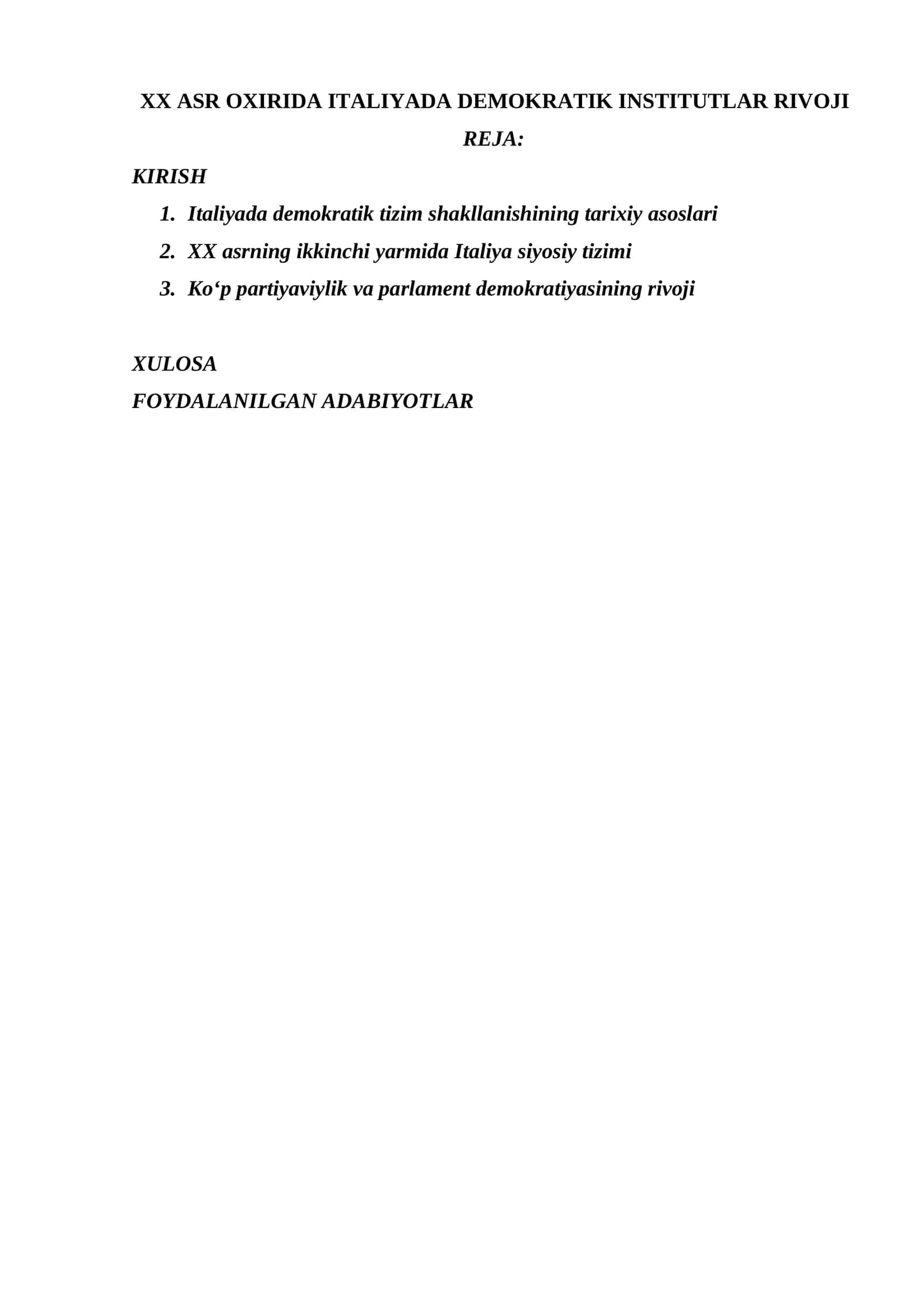 XX ASR OXIRIDA ITALIYADA DEMOKRATIK INSTITUTLAR RIVOJI