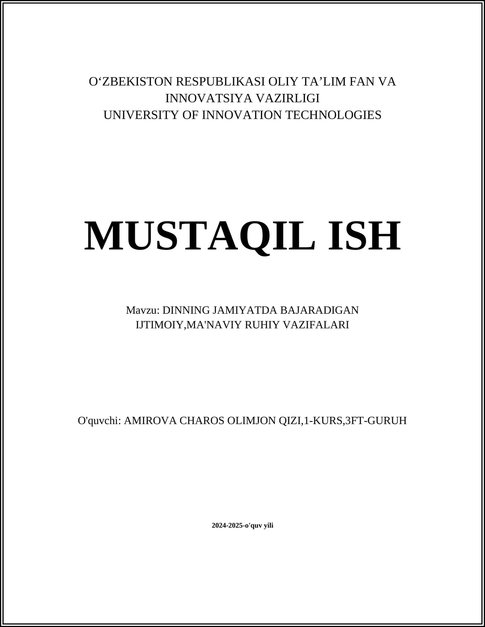 DINNING JAMIYATDA BAJARADIGAN IJTIMOIY,MA'NAVIY RUHIY VAZIFALARI