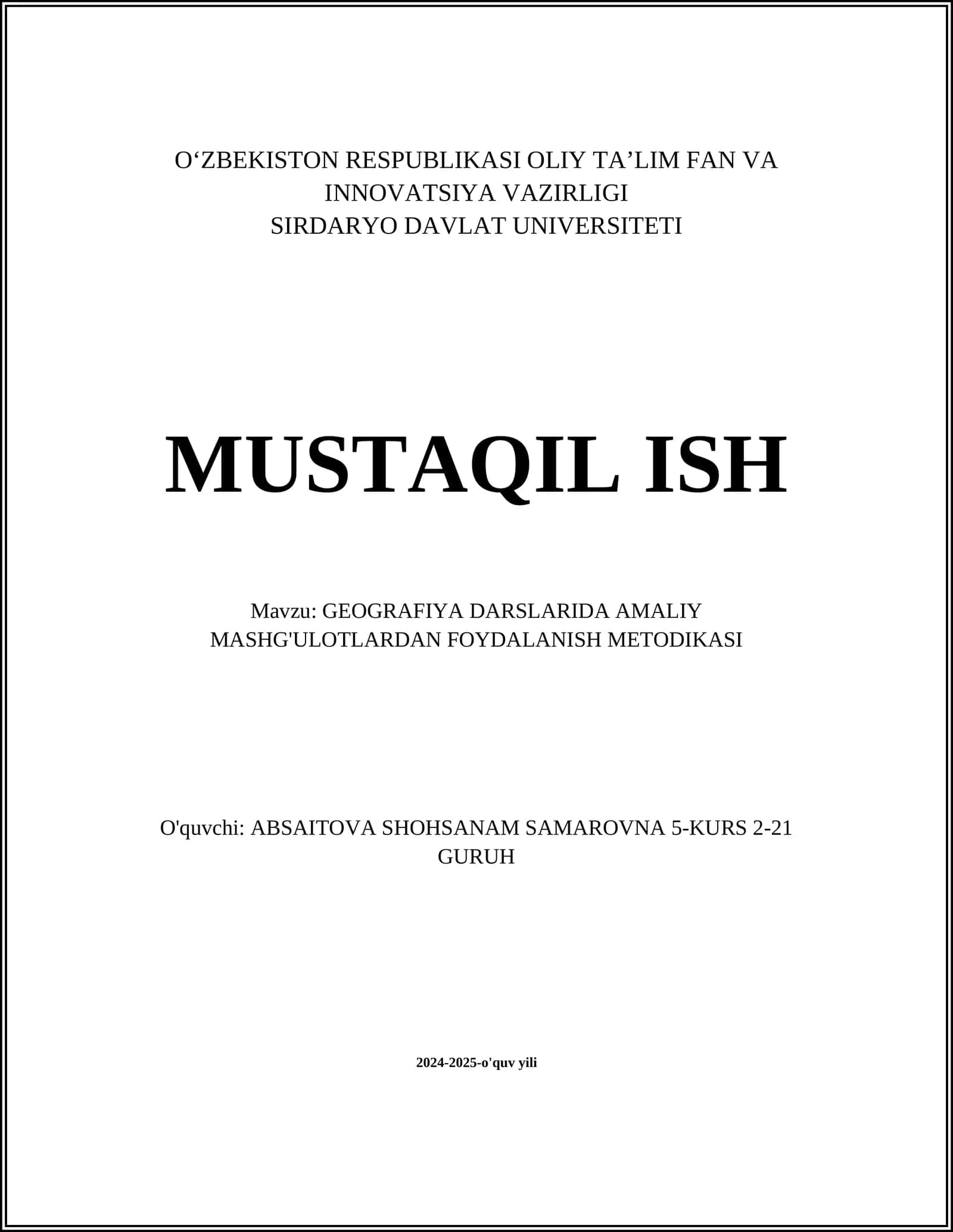 GEOGRAFIYA DARSLARIDA AMALIY MASHG'ULOTLARDAN FOYDALANISH METODIKASI