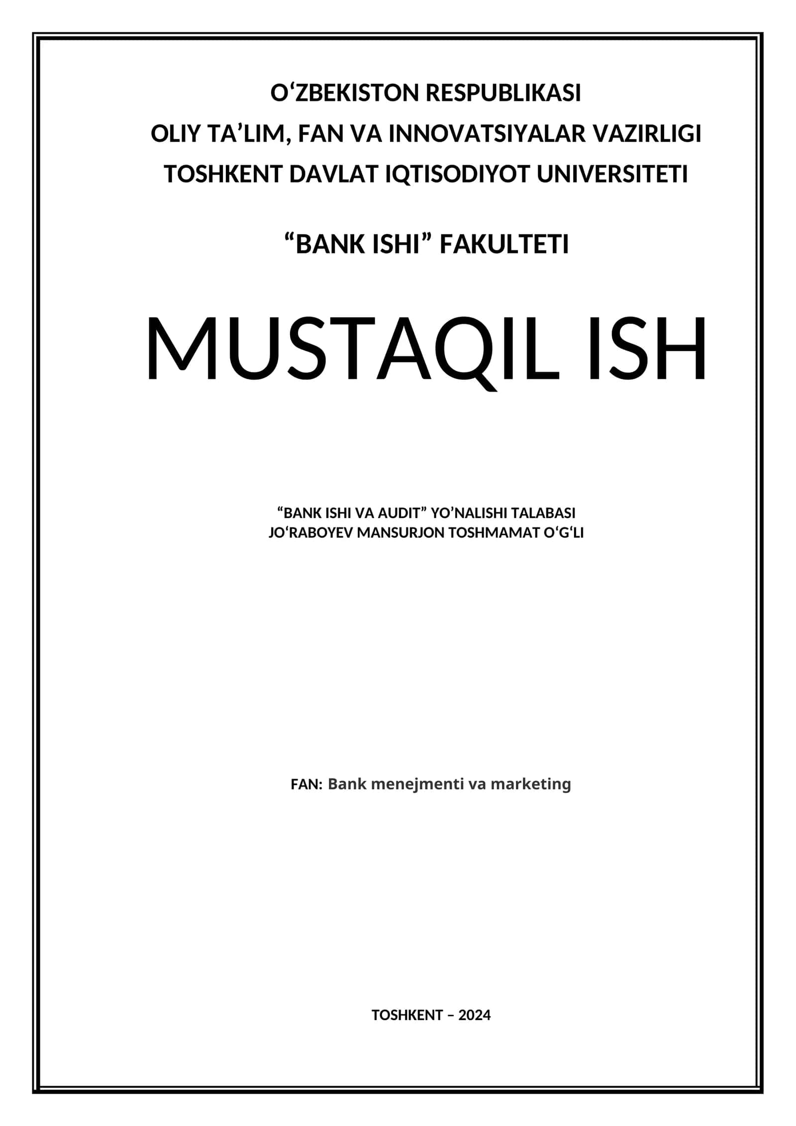 Mustaqil Ish - Bank ishi va Audit