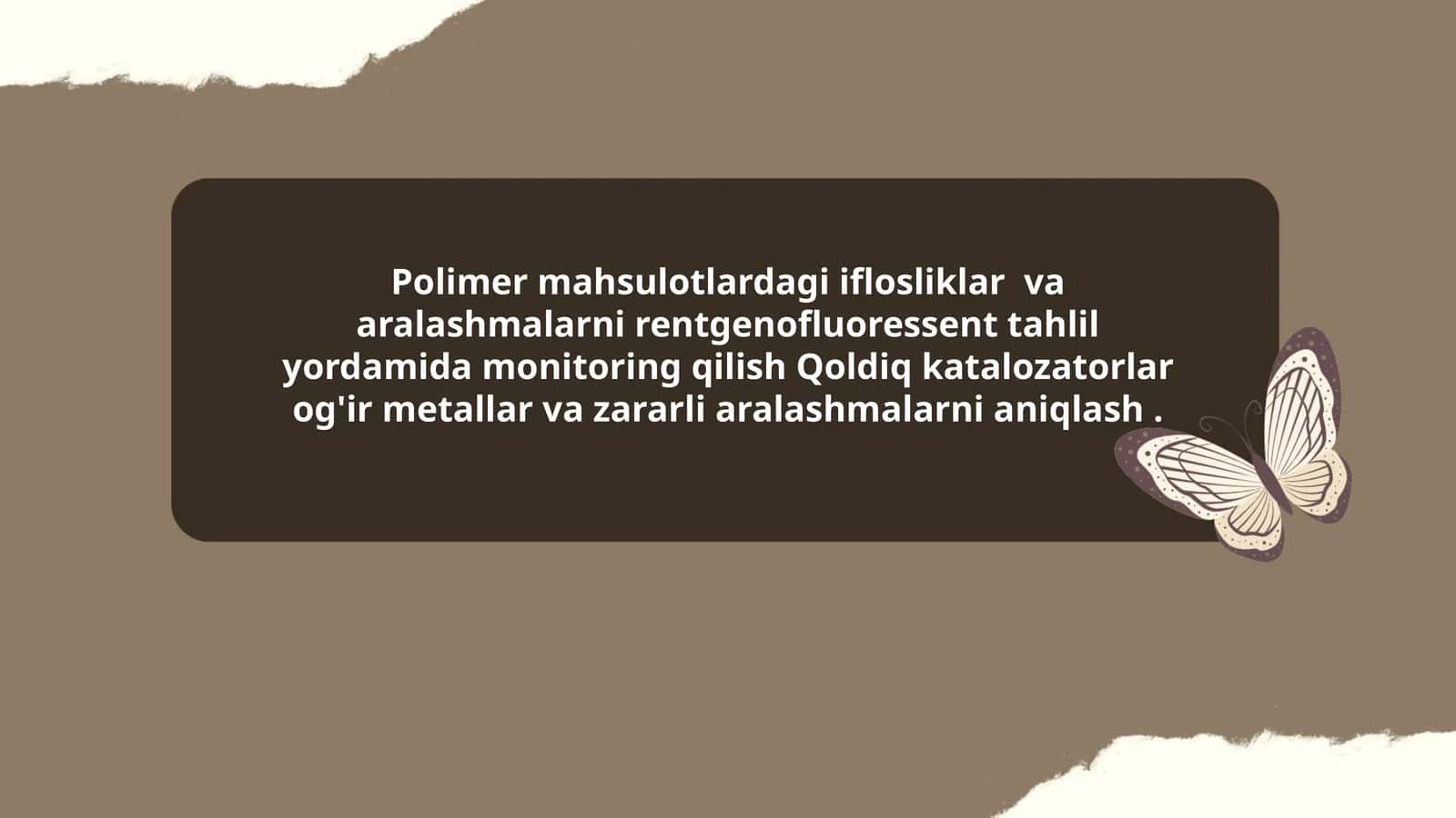 Polimer mahsulotlardagi iflosliklar va aralashmalarni rentgenofluoressent tahlil yordamida monitoring qilish Qoldiq katalozatorlar og'ir metallar va zararli aralashmalarni aniqlash