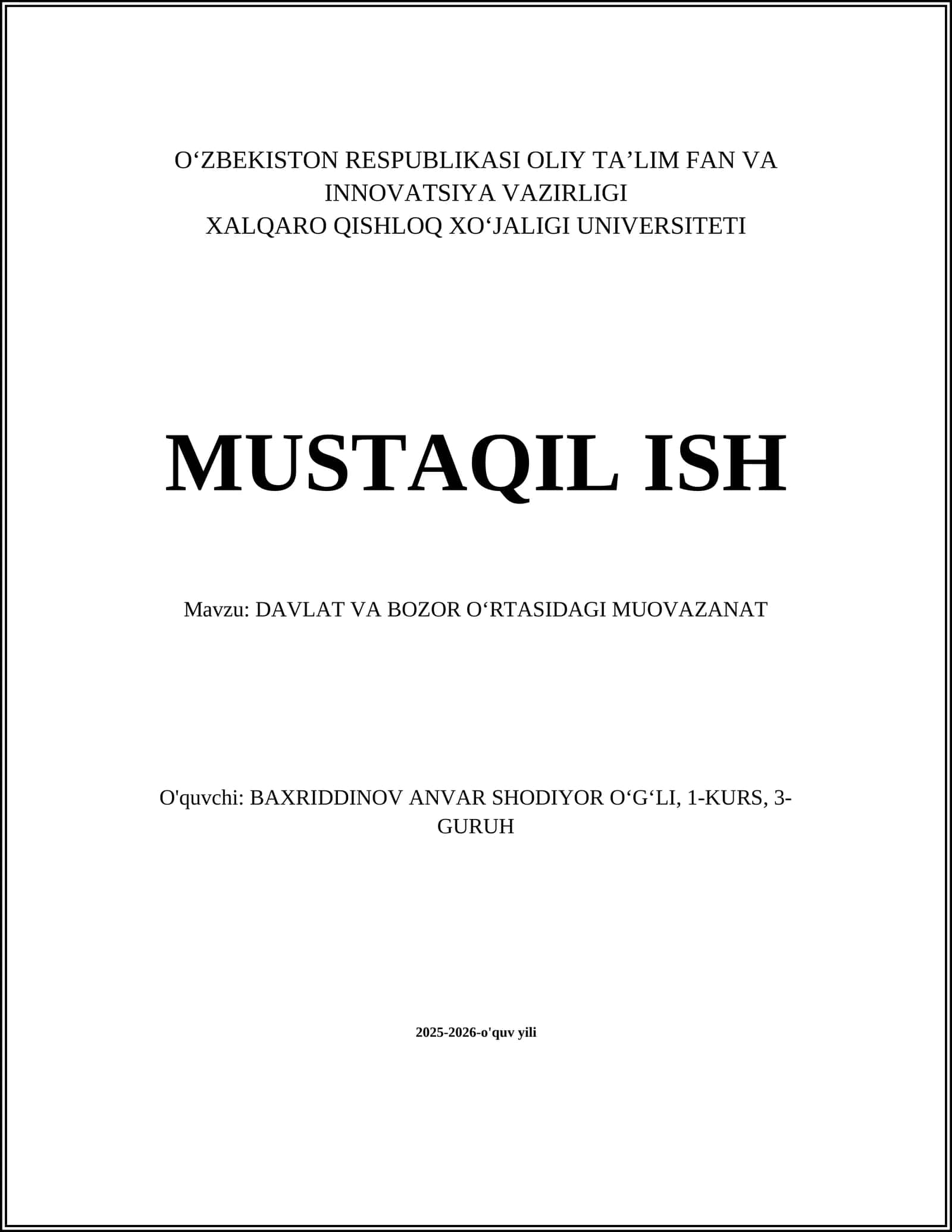 DAVLAT VA BOZOR OʻRTASIDAGI MUOVAZANAT
