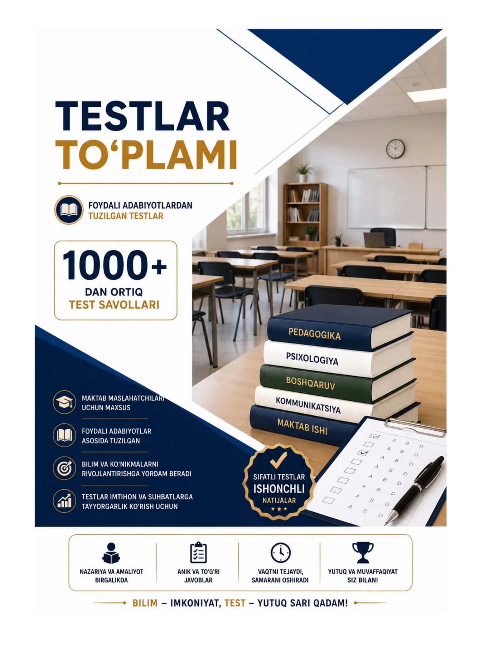 Maktab maslaxatchisi 1000 ta test javoblari bilan