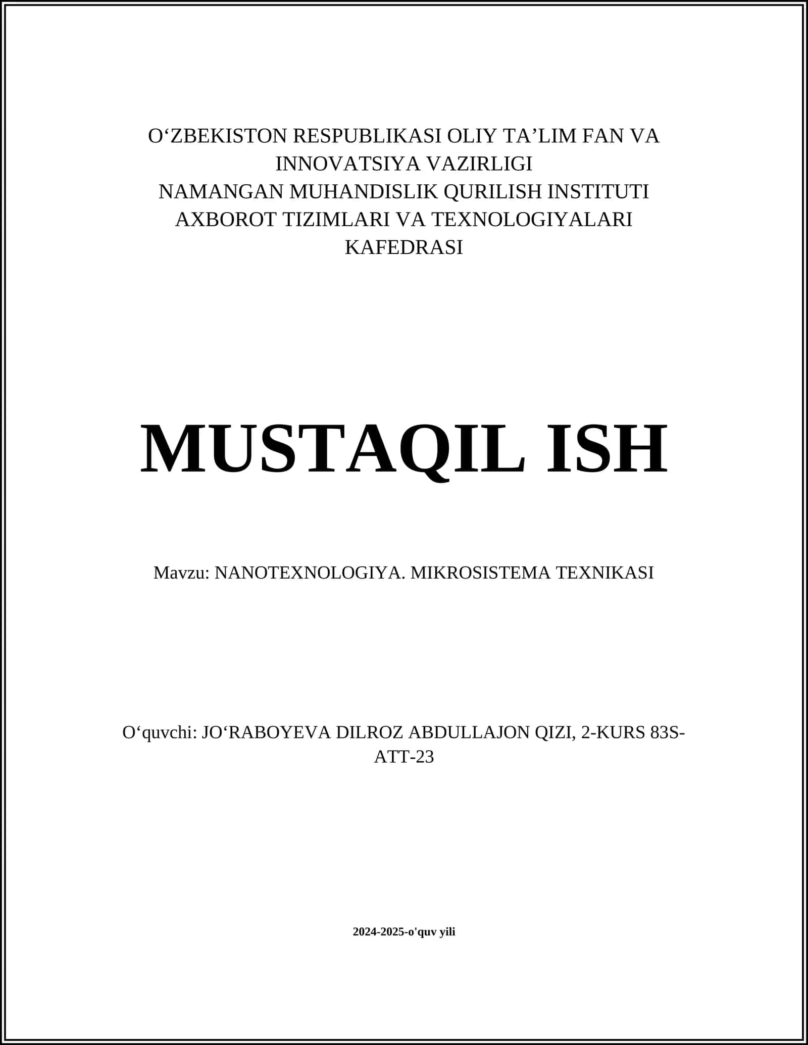 NANOTEXNOLOGIYA. MIKROSISTEMA TEXNIKASI