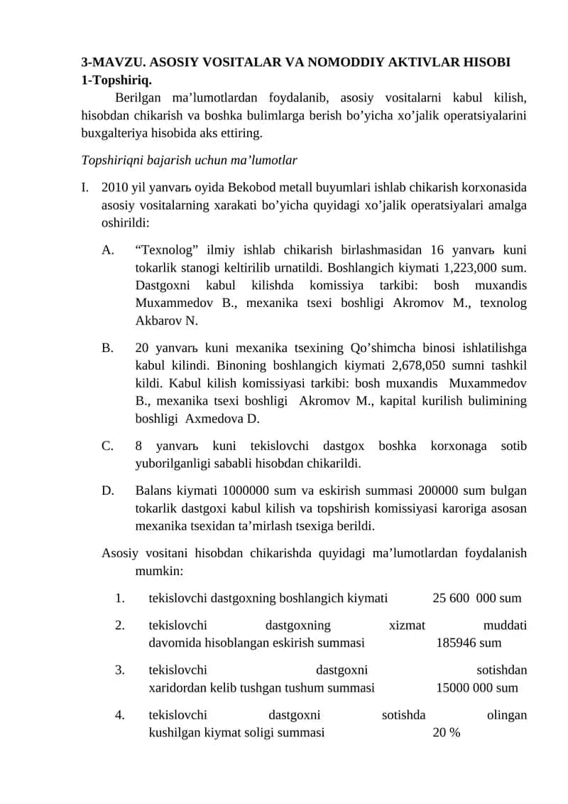 MAVZU. ASOSIY VOSITALAR VA NOMODDIY AKTIVLAR HISOBI