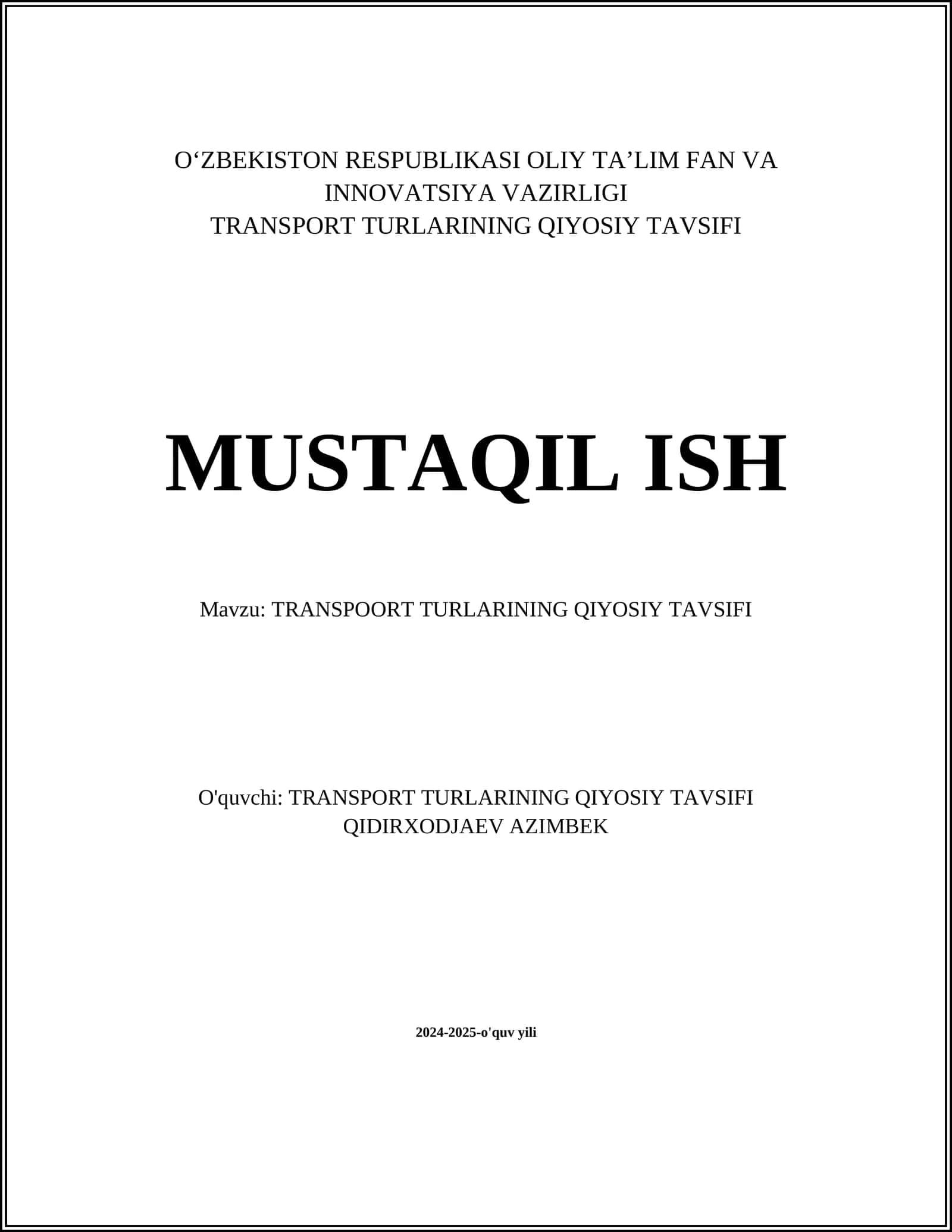 TRANSPORT TURLARINING QIYOSIY TAVSIFI