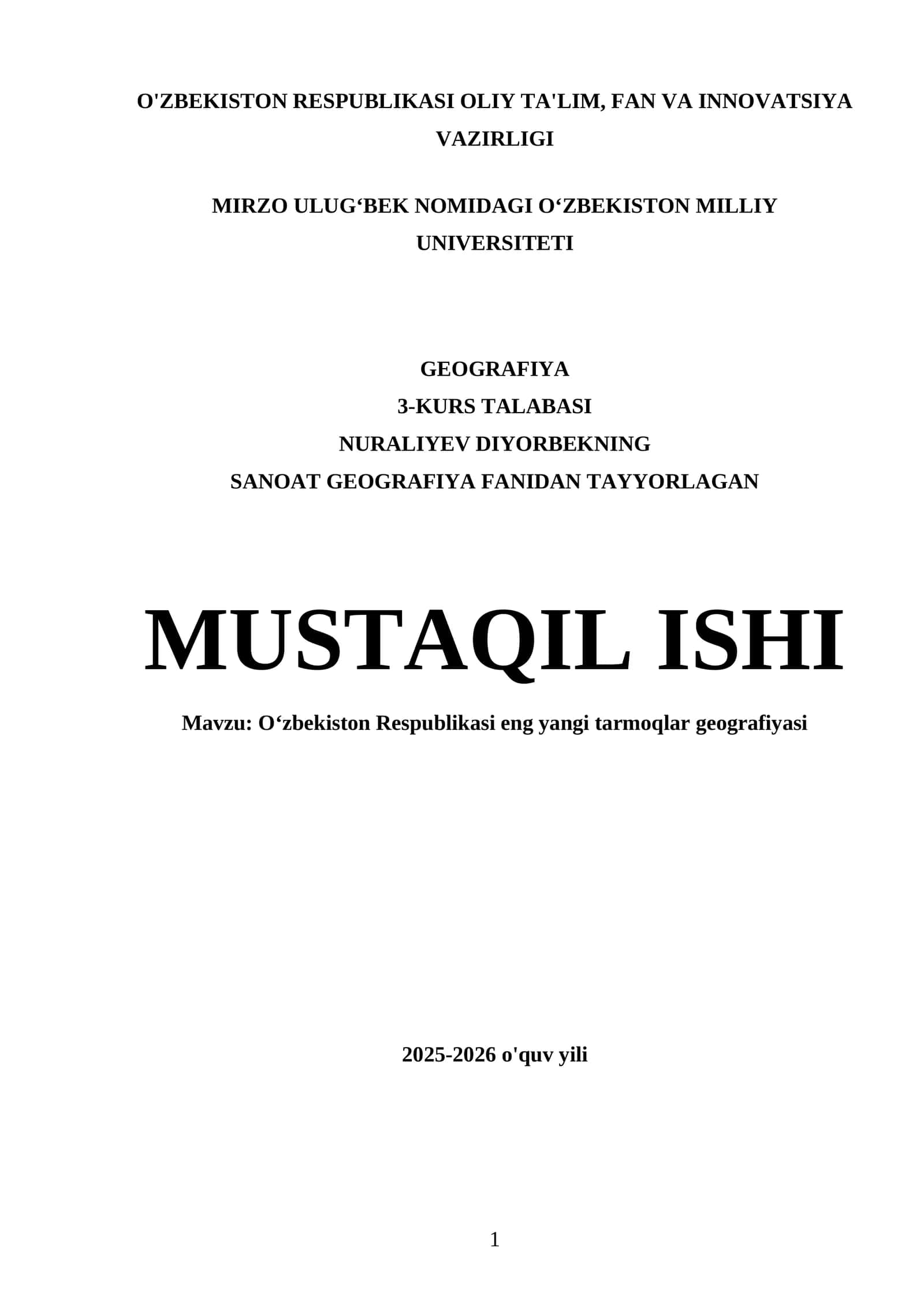 Oʻzbekiston Respublikasi eng yangi tarmoqlar geografiyasi