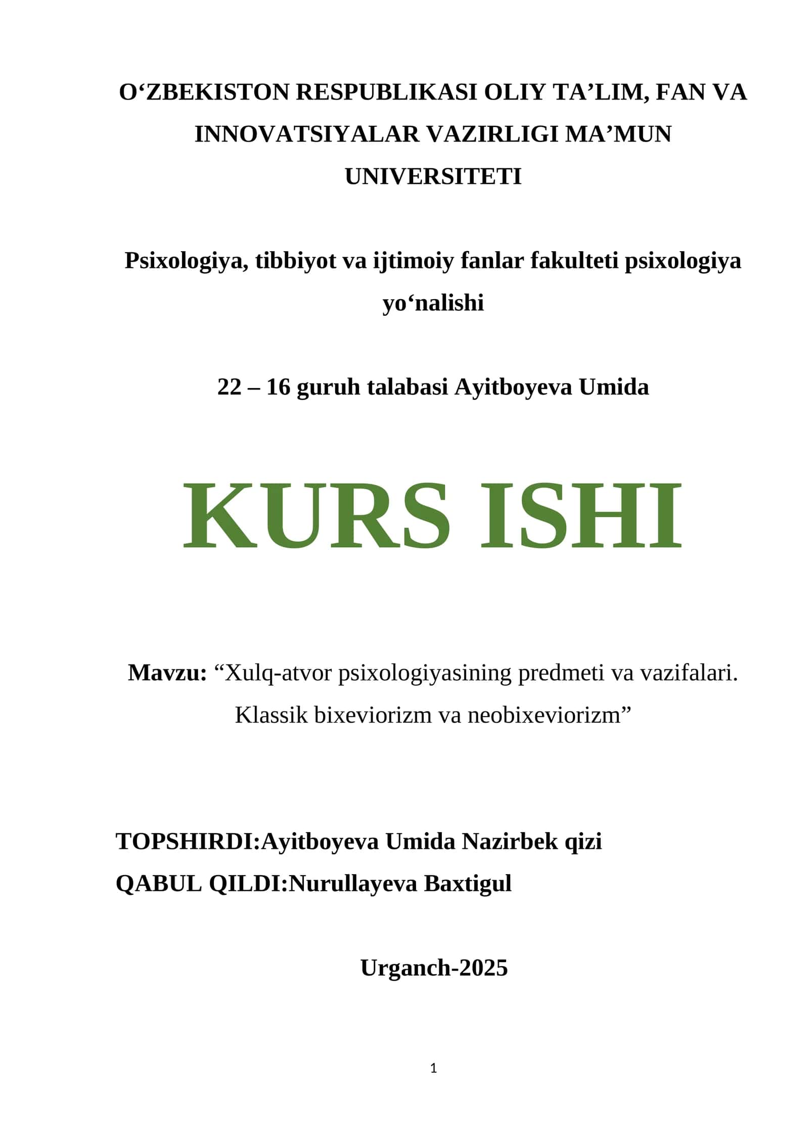 Xulq-atvor psixologiyasining predmeti va vazifalari
