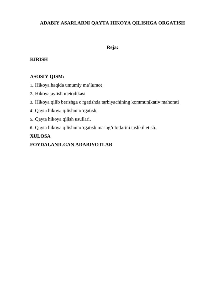 ADABIY ASARLARNI QAYTA HIKOYA QILISHGA ORGATISH