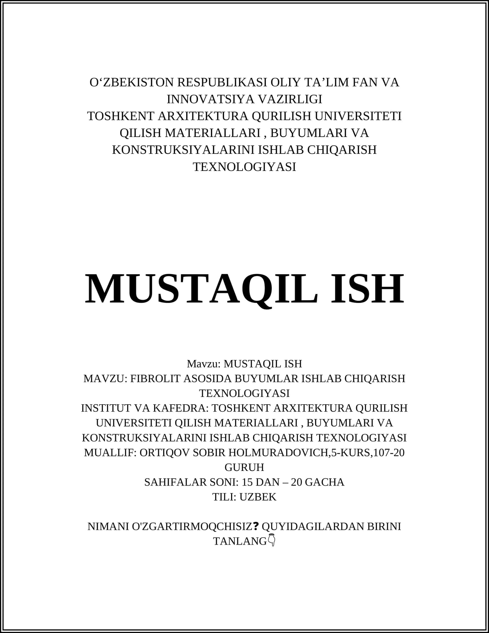 FIBROLIT ASOSIDA BUYUMLAR ISHLAB CHIQARISH TEXNOLOGIYASI