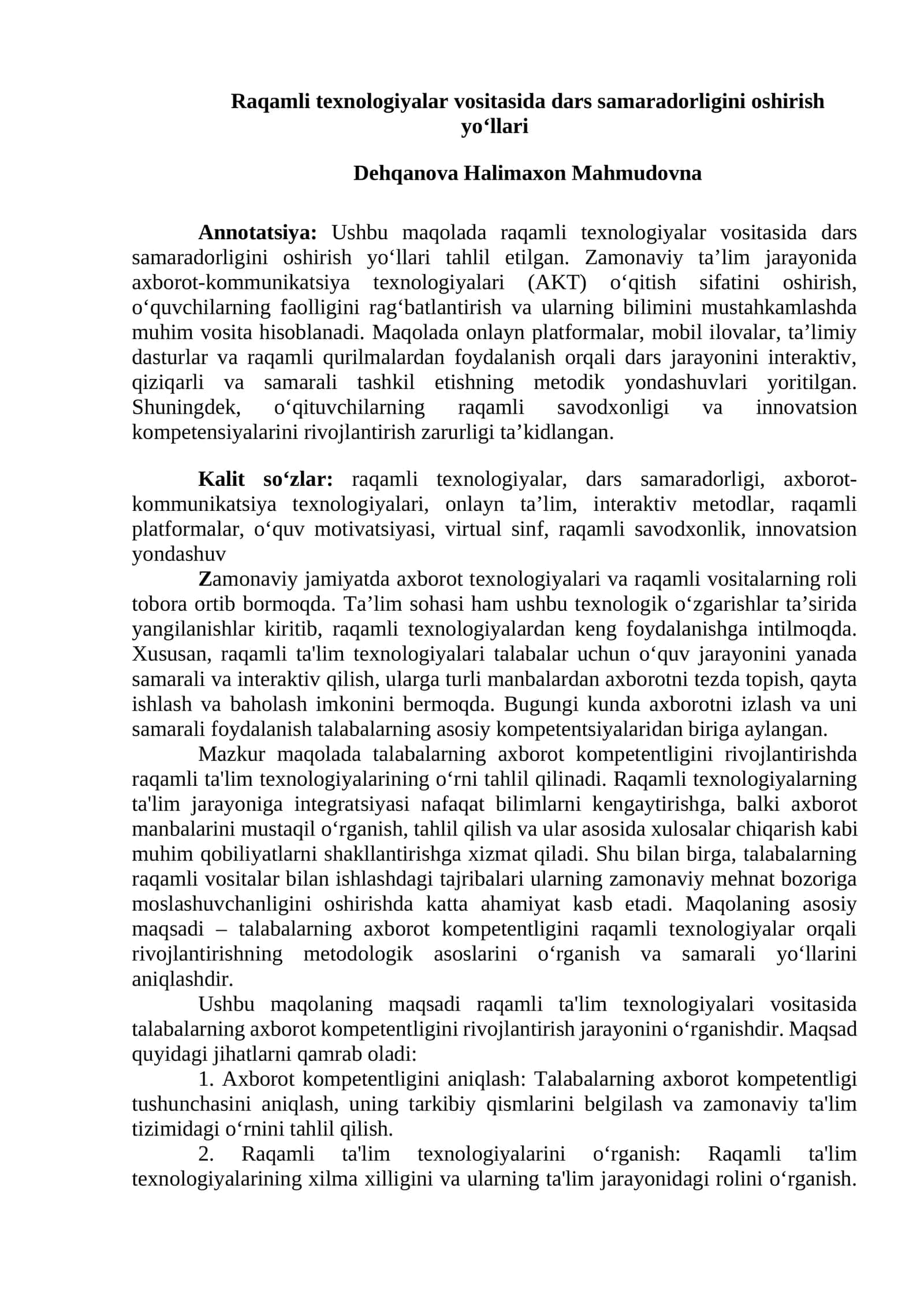 Raqamli texnologiyalar vositasida dars samaradorligini oshirish yo‘llari