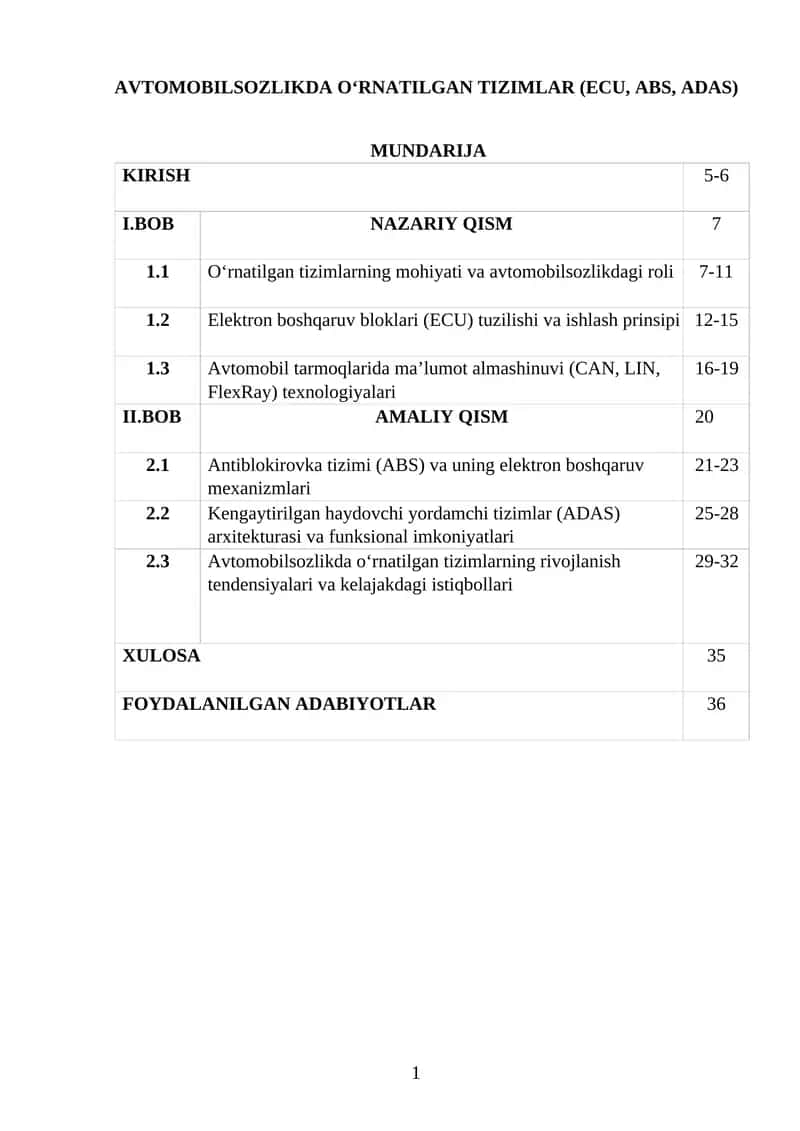 AVTOMOBILSOZLIKDA O‘RNATILGAN TIZIMLAR (ECU, ABS, ADAS)