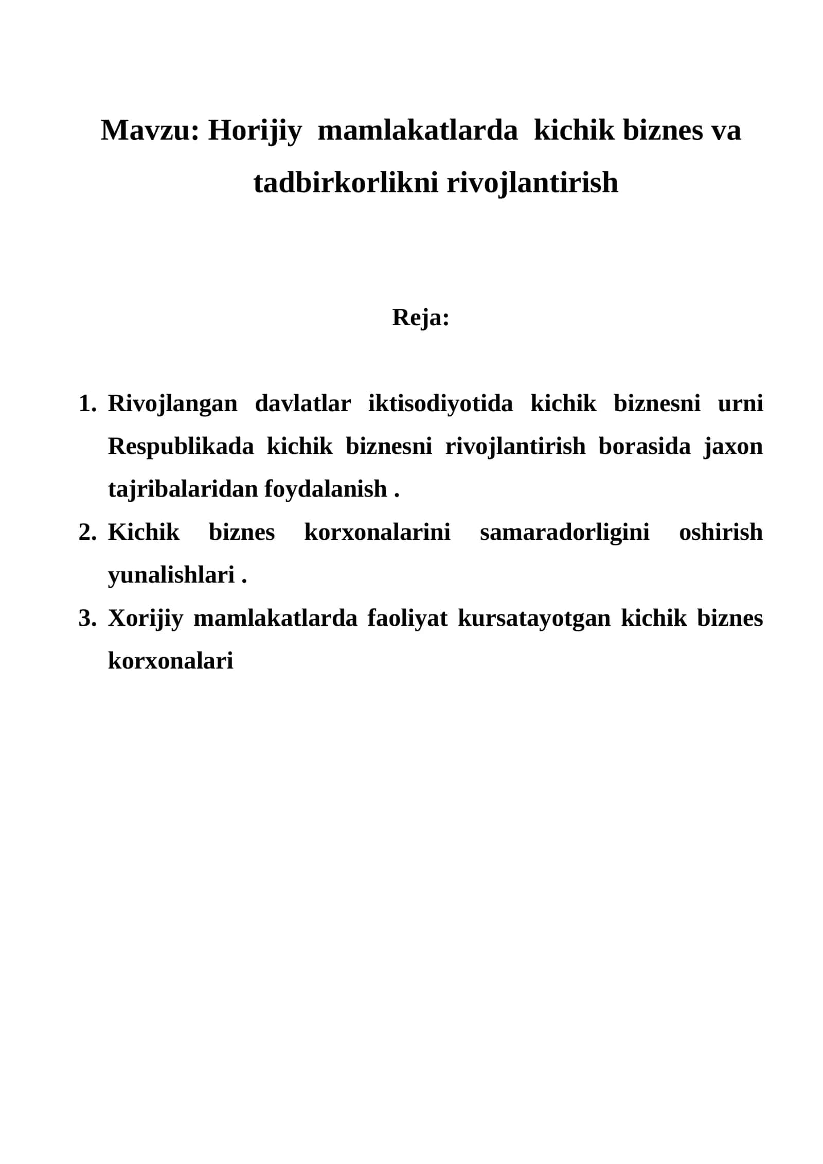 Xorijiy mamlakatlarda kichik biznes va tadbirkorlikni rivojlantirish