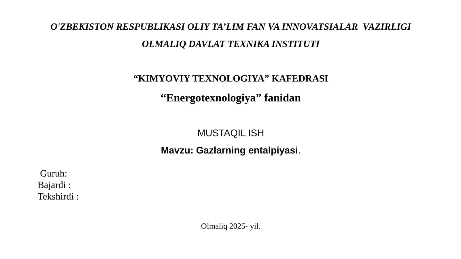 Gazlarning entalpiyasi