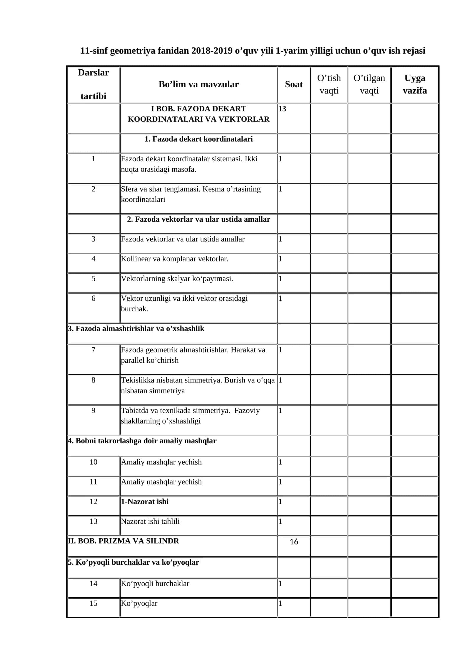 11-sinf geometriya fanidan 2018-2019 o’quv yili 1-yarim yilligi uchun o’quv ish rejasi
