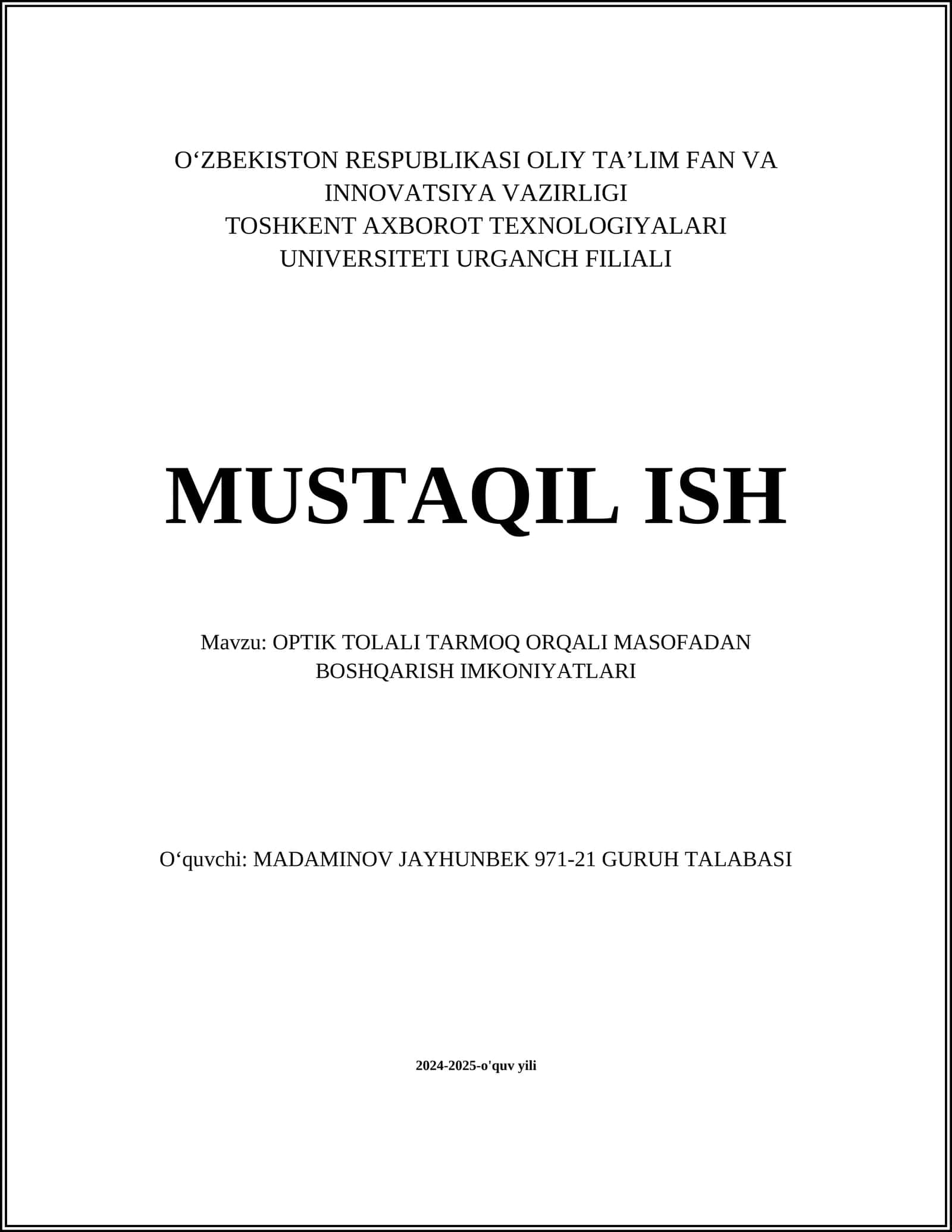 OPTIK TOLALI TARMOQ ORQALI MASOFADAN BOSHQARISH IMKONIYATLARI