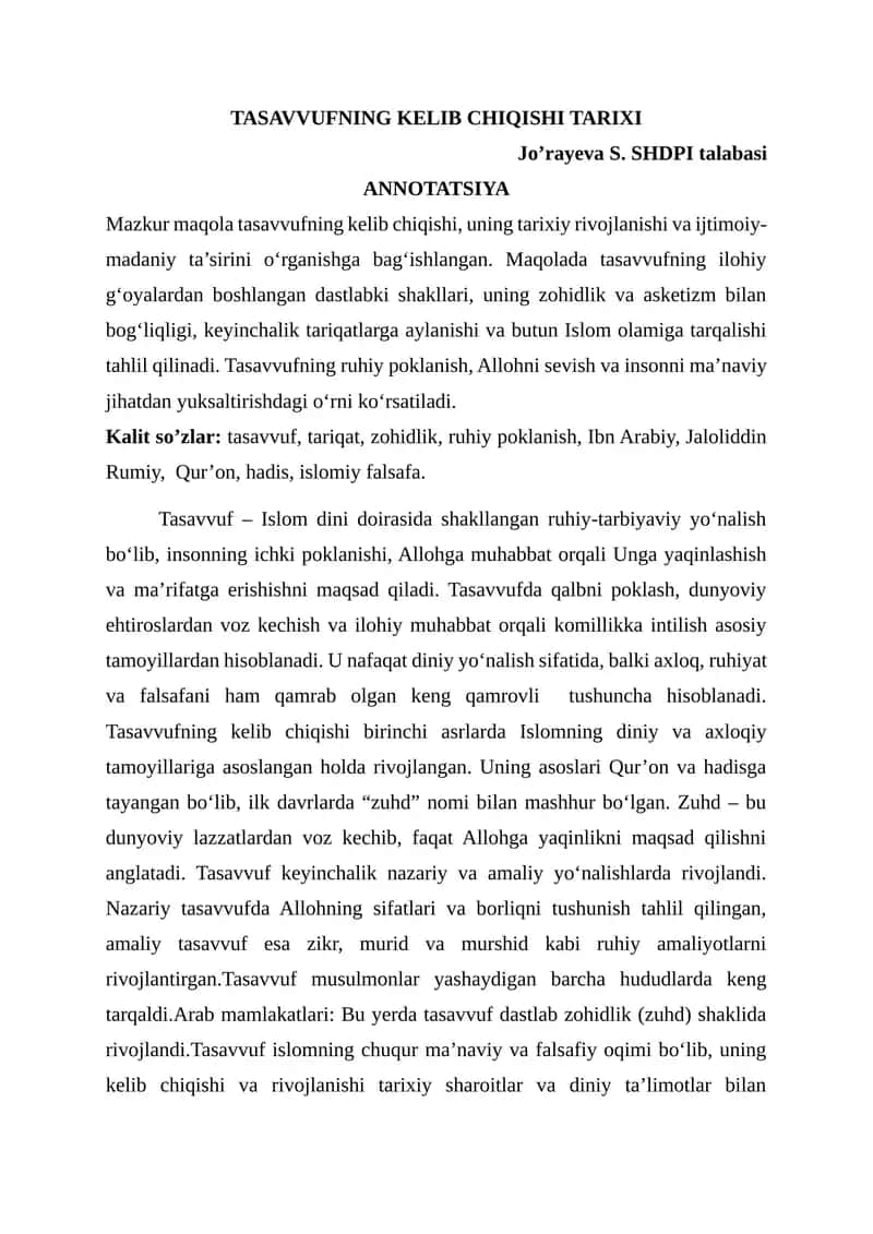 TASAVVUFNING KELIB CHIQISHI TARIXI