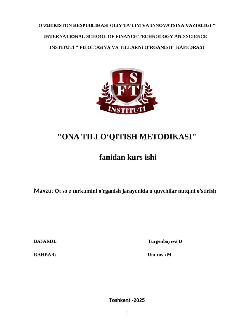 Ot so'z turkumini o'rganish jarayonida o'quvchilar nutqini o'stirish
