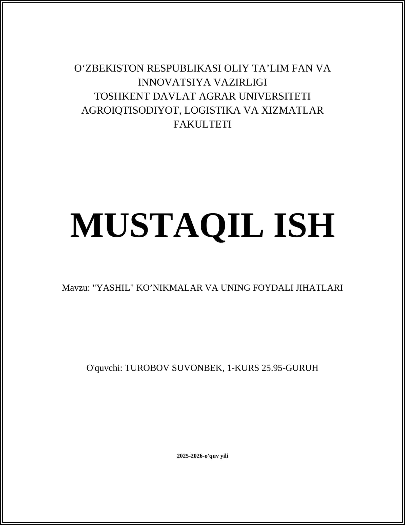 "YASHIL" KOʼNIKMALAR VA UNING FOYDALI JIHATLARI