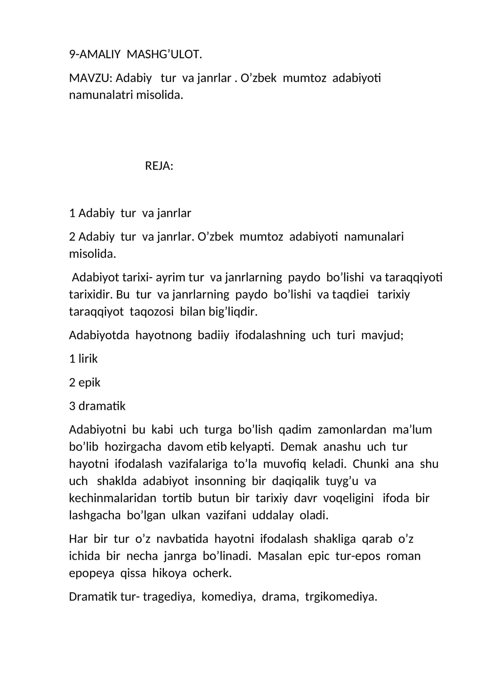 Adabiy tur va janrlar. O’zbek mumtoz adabiyoti namunalatri misolida