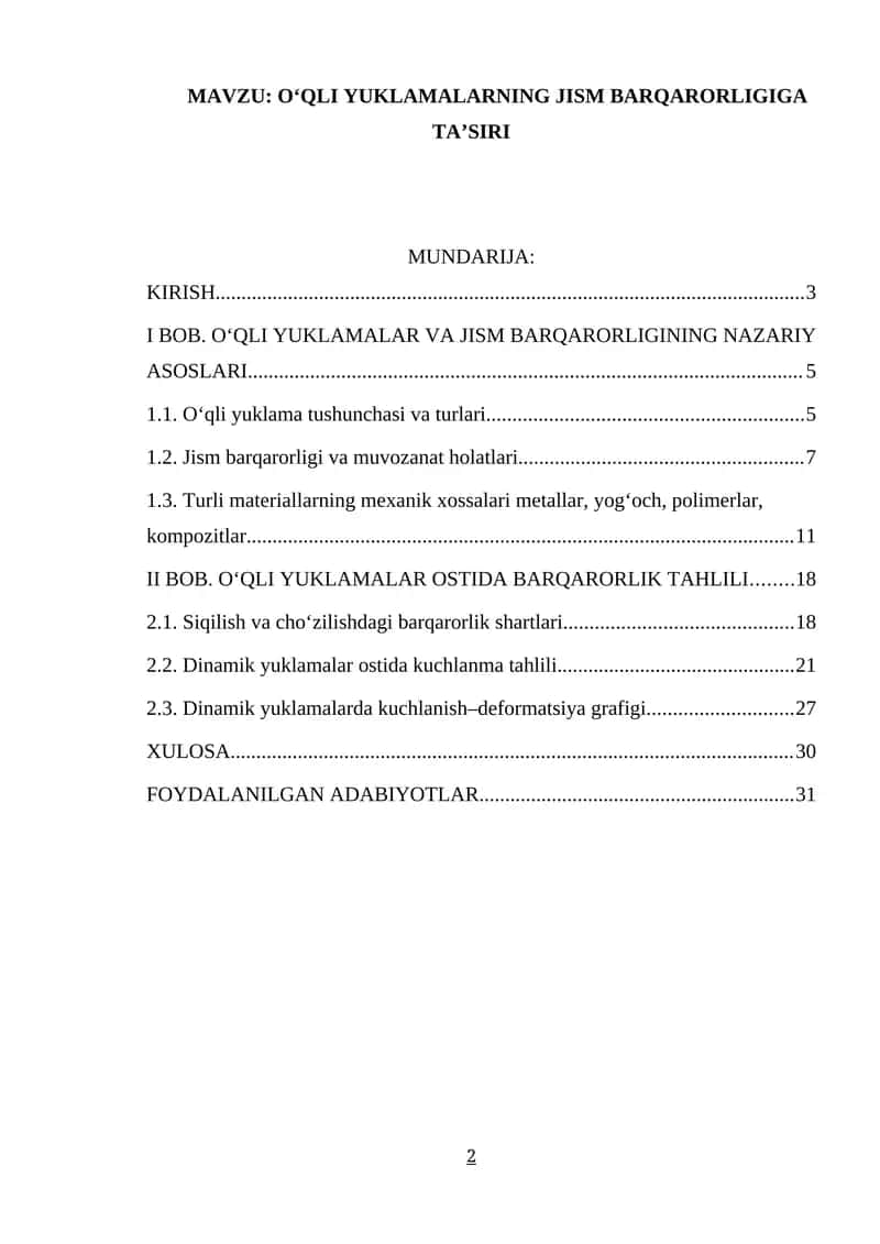 O‘QLI YUKLAMALARNING JISM BARQARORLIGIGA TA’SIRI