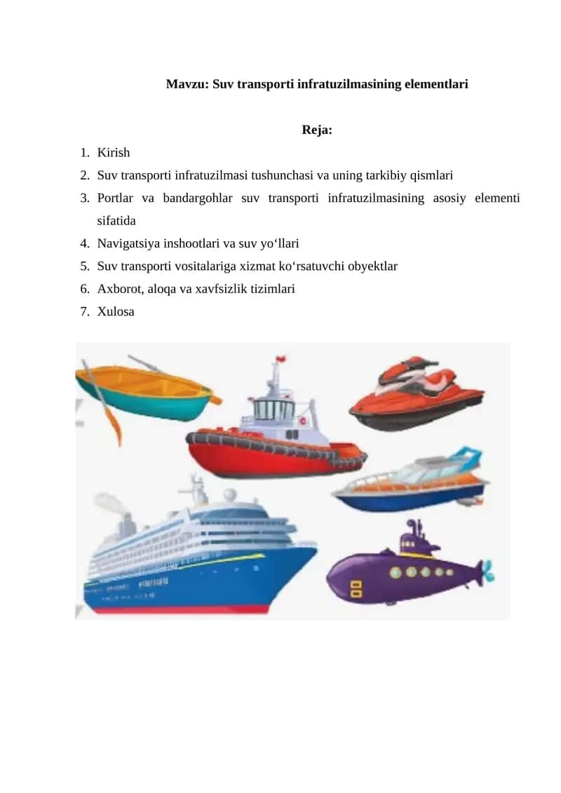 Suv transporti infratuzilmasining elementlari