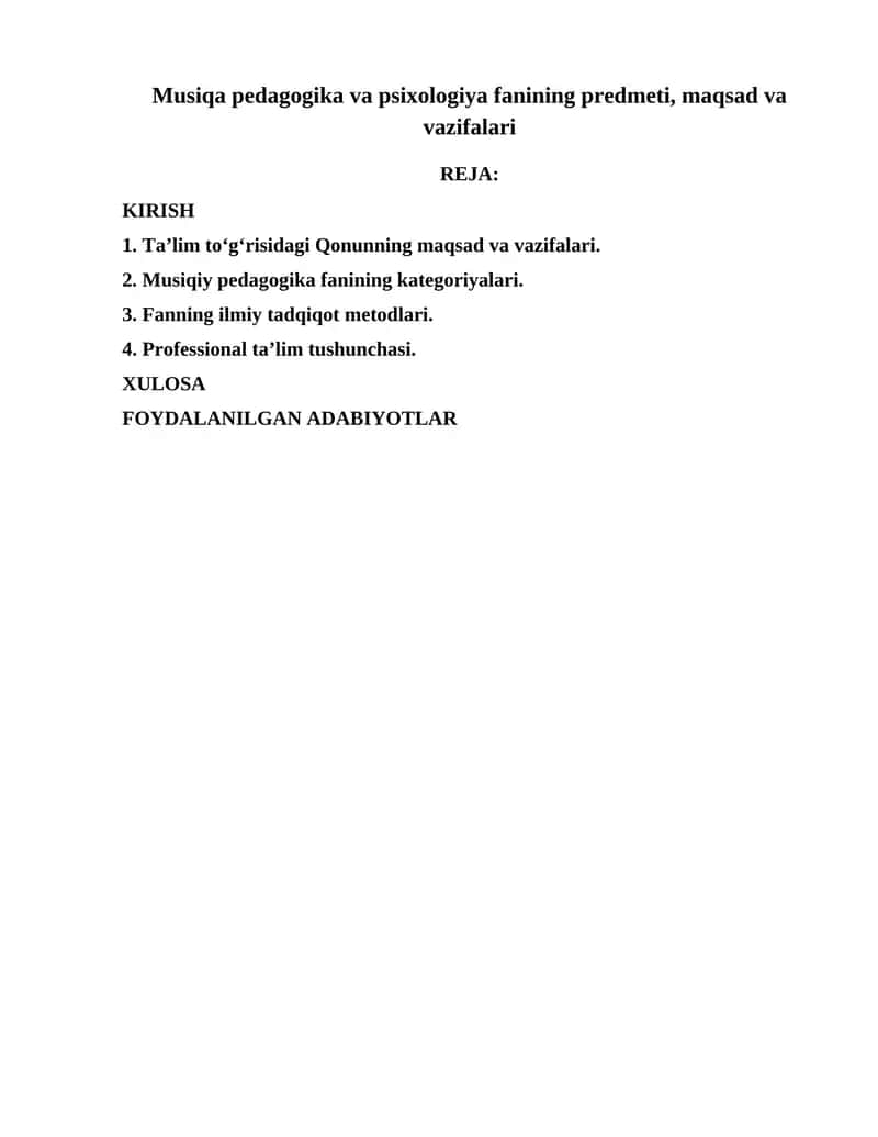 Musiqa pedagogika va psixologiya fanining predmeti, maqsad va vazifalari