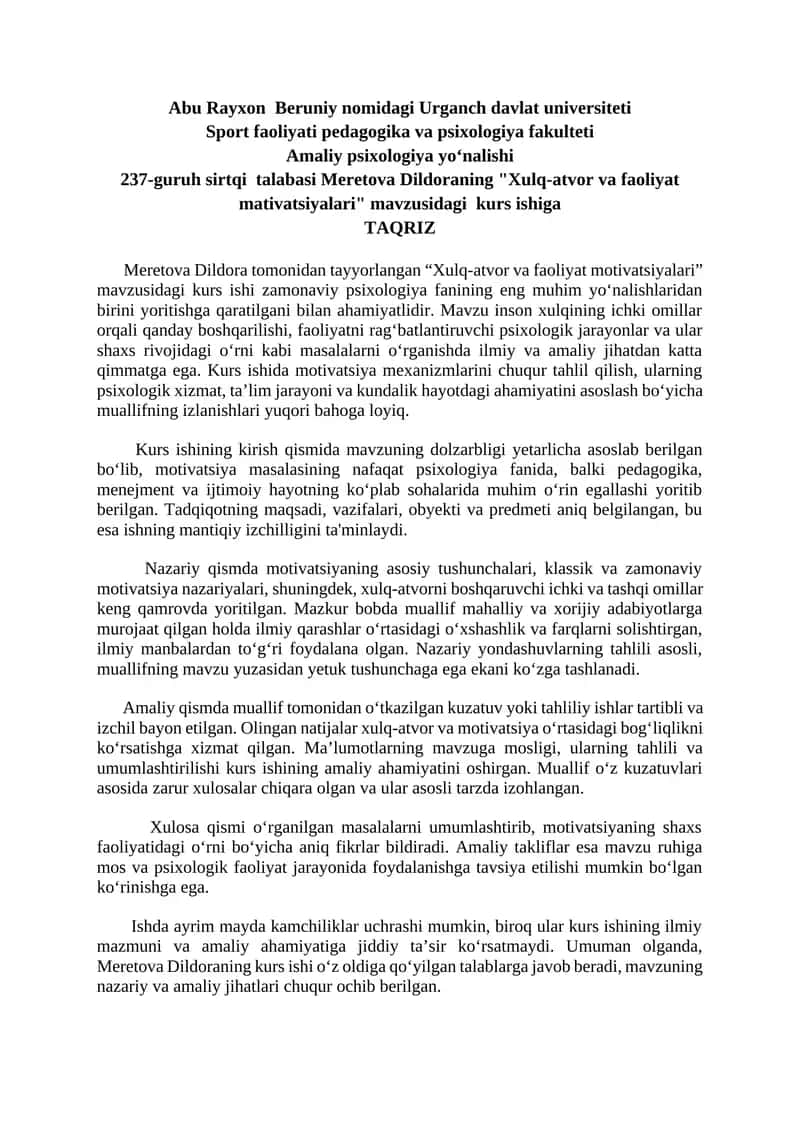 "Xulq-atvor va faoliyat mativatsiyalari" kurs ishi