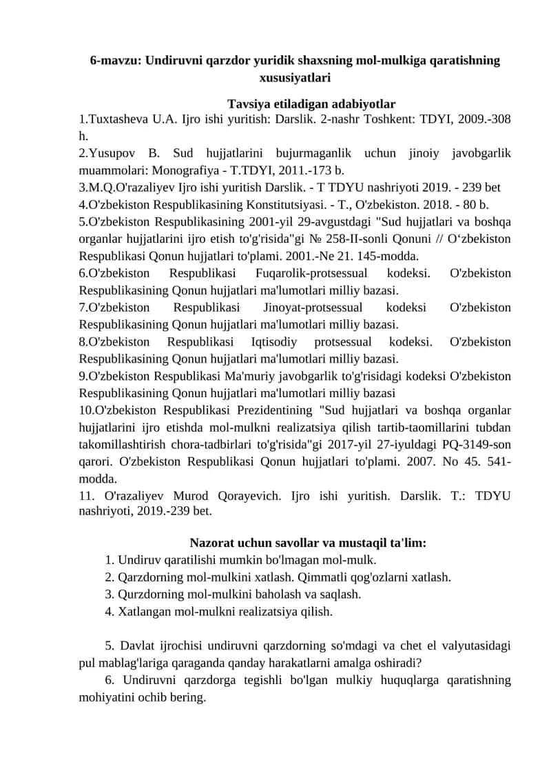 Undiruvni qarzdor yuridik shaxsning mol-mulkiga qaratishning xususiyatlari