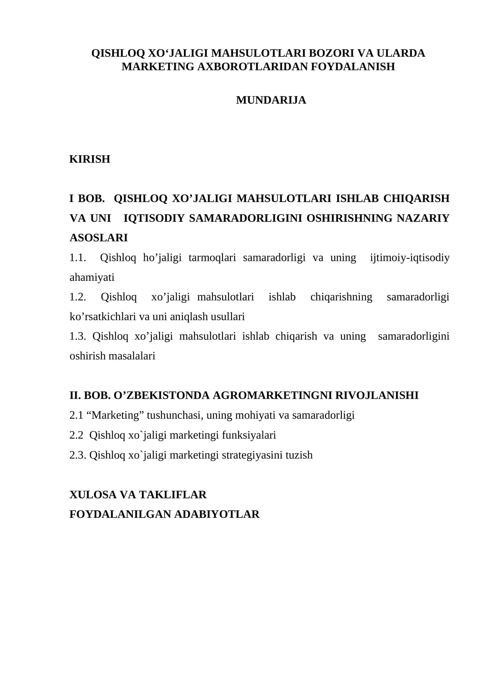 Qishloq xoʻjaligi mahsulotlari bozori va ularda marketing axborotlaridan foydalanish