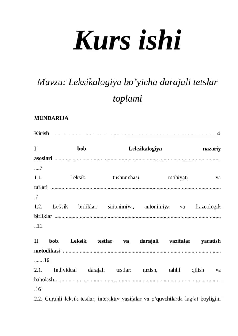 Leksikalogiya bo’yicha darajali tetslar toplami