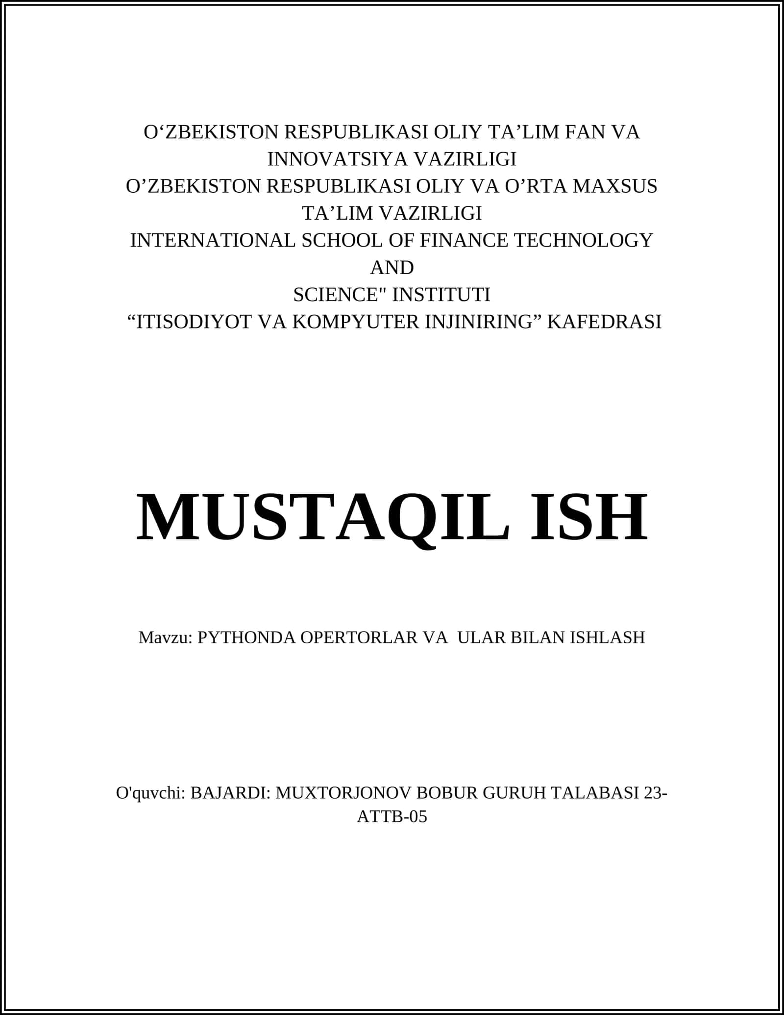 PYTHONDA OPERTORLAR VA ULAR BILAN ISHLASH