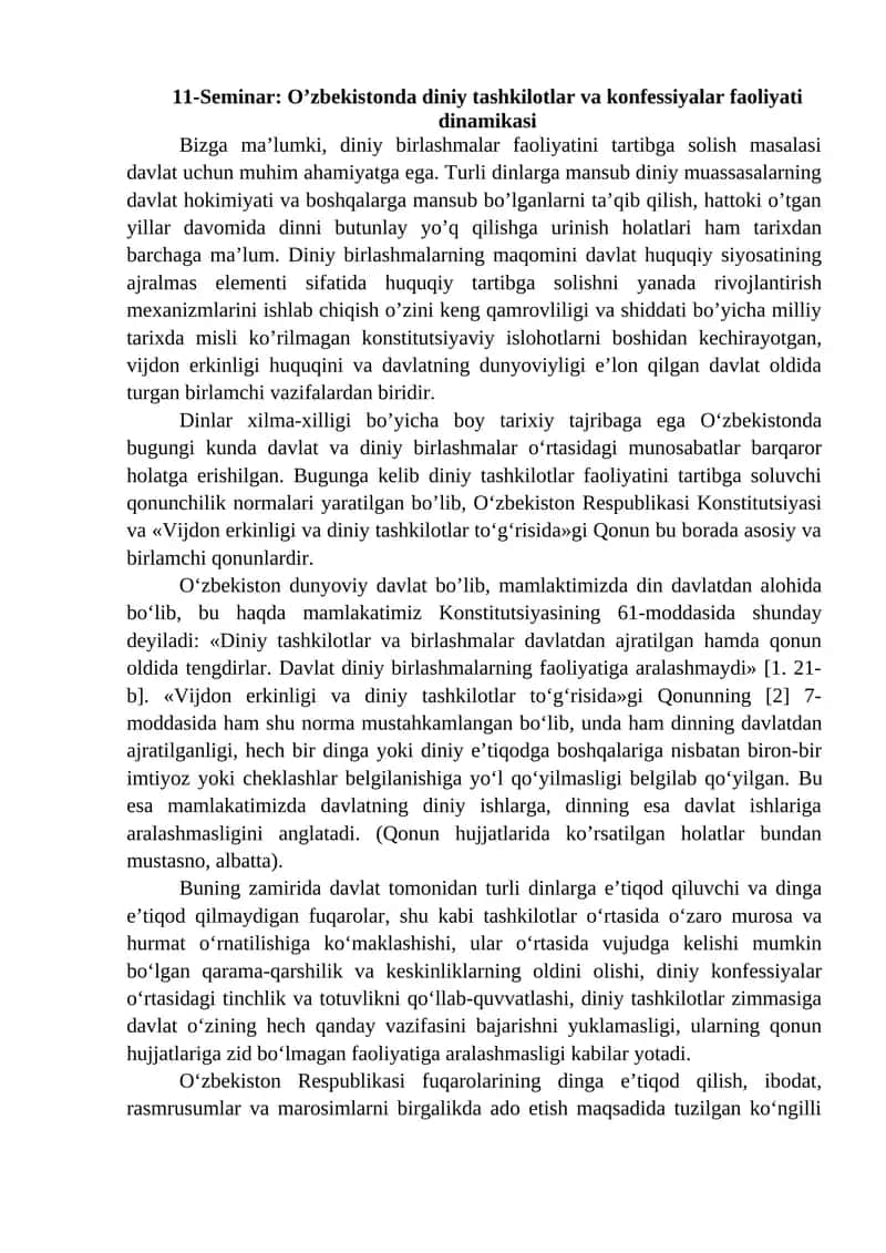 O’zbekistonda diniy tashkilotlar va konfessiyalar faoliyati dinamikasi