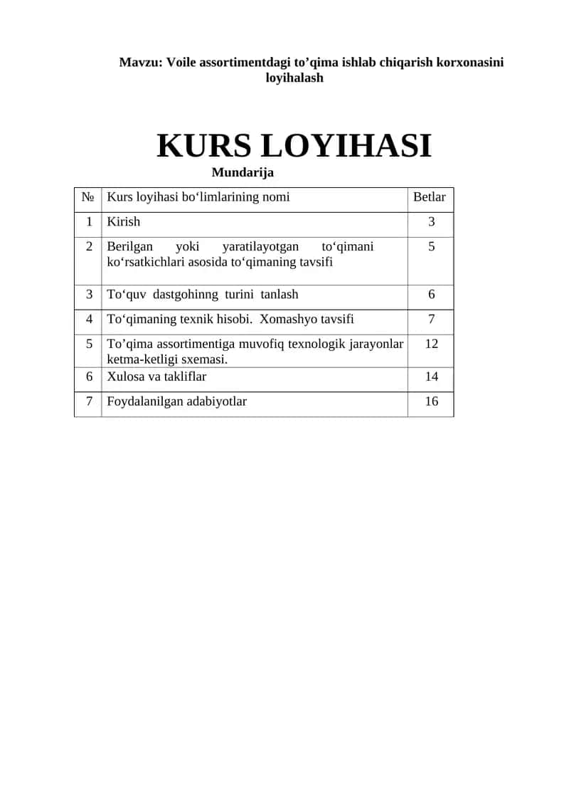 Voile assortimentdagi to’qima ishlab chiqarish korxonasini loyihalash KURS LOYIHASI