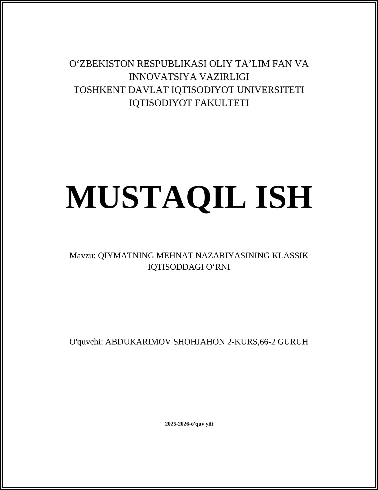 QIYMATNING MEHNAT NAZARIYASINING KLASSIK IQTISODDAGI OʻRNI