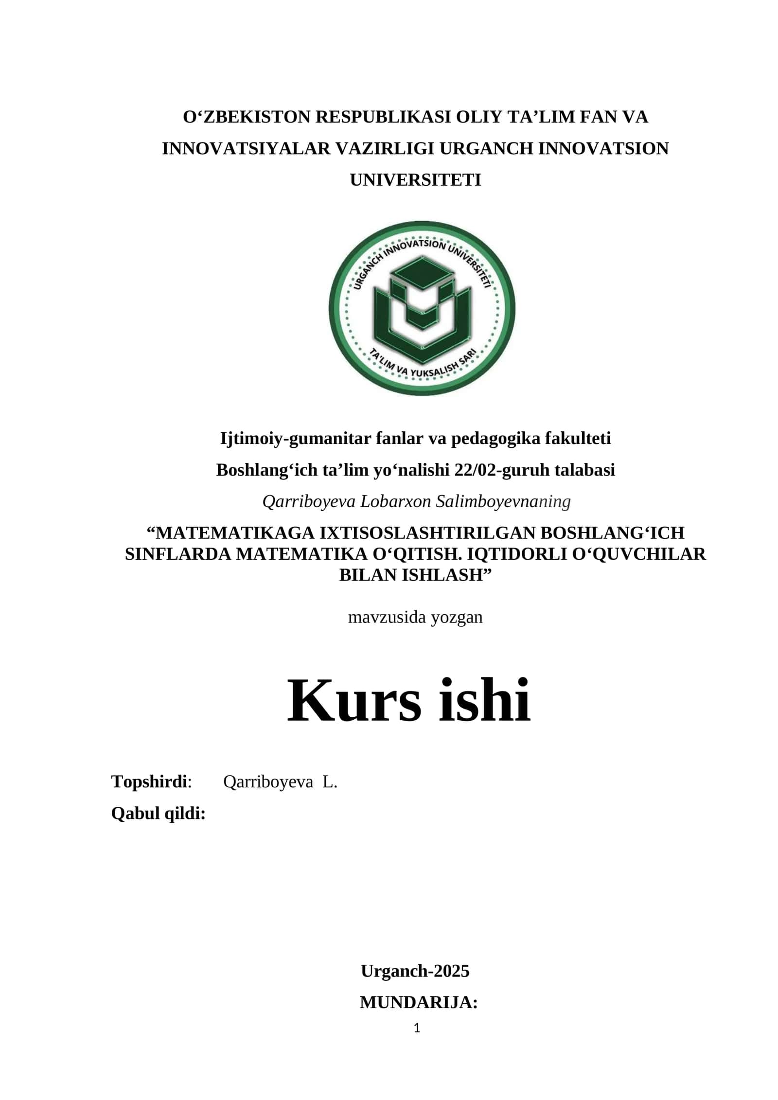 MATEMATIKAGA IXTISOSLASHTIRILGAN BOSHLANG‘ICH SINFLARDA MATEMATIKA O‘QITISH. IQTIDORLI O‘QUVCHILAR BILAN ISHLASH