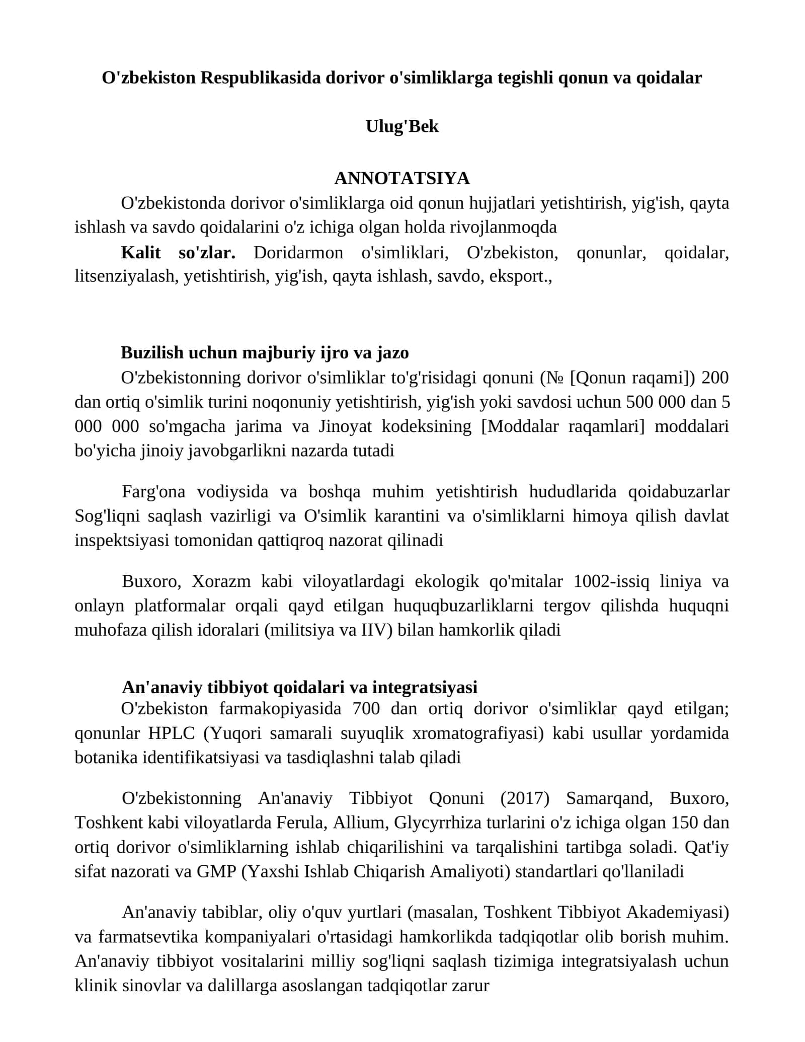 O'zbekiston Respublikasida dorivor o'simliklarga tegishli qonun va qoidalar