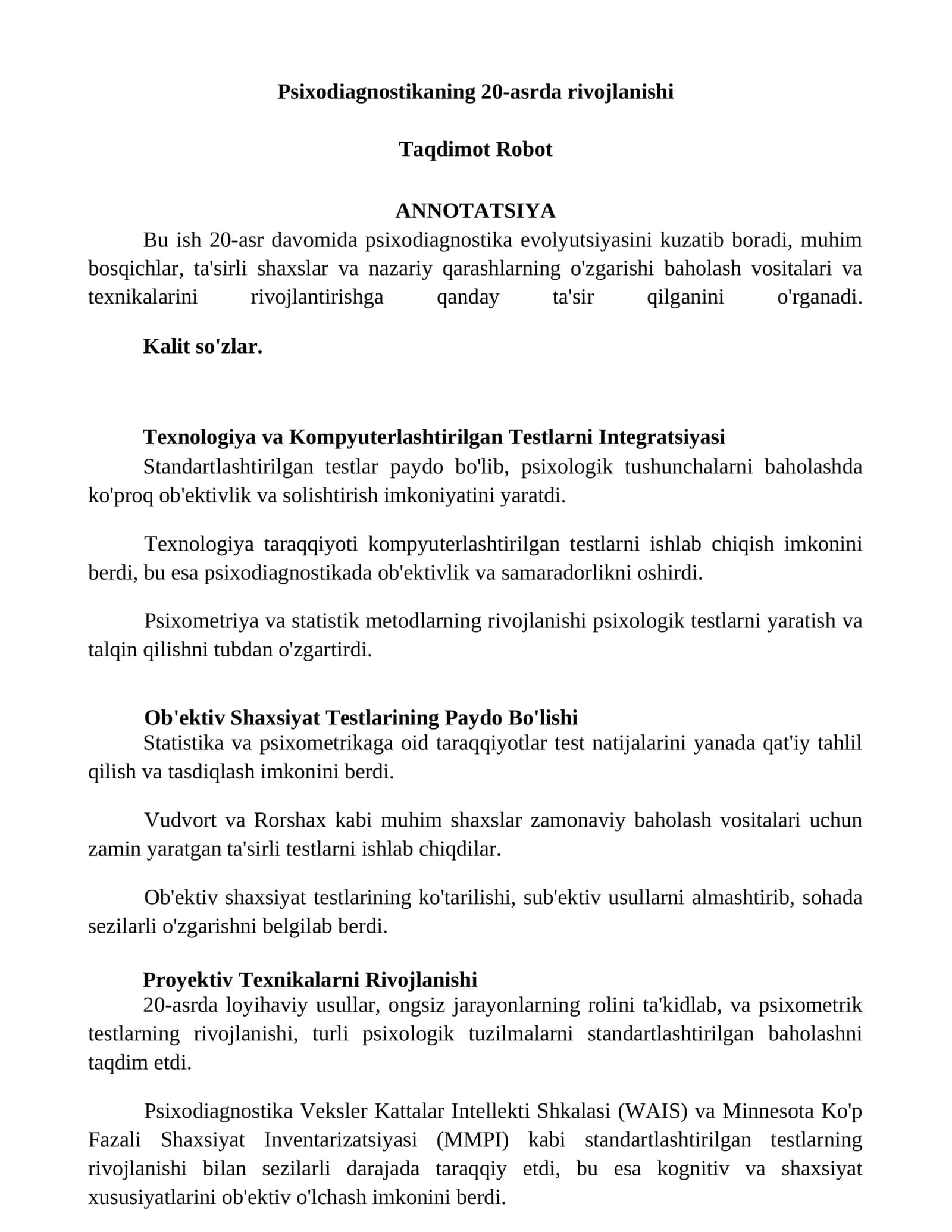Psixodiagnostikaning 20-asrda rivojlanishi
