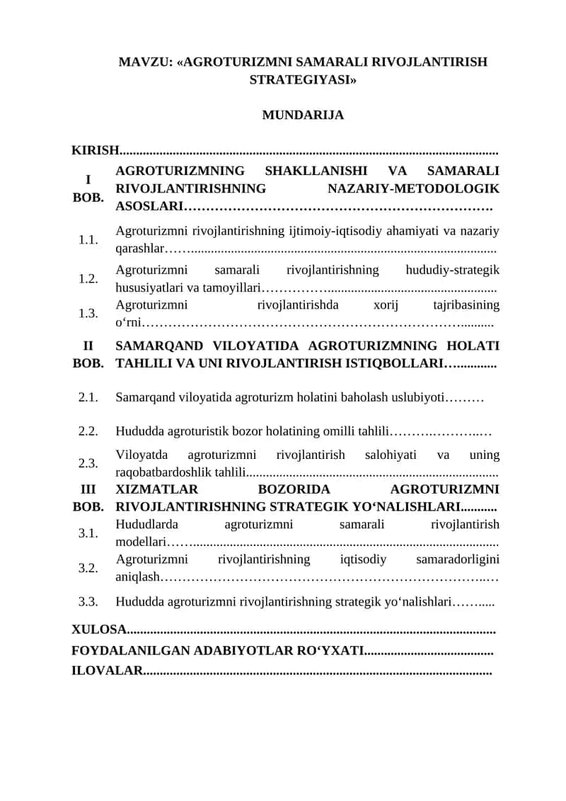 AGROTURIZMNI SAMARALI RIVOJLANTIRISH STRATEGIYASI