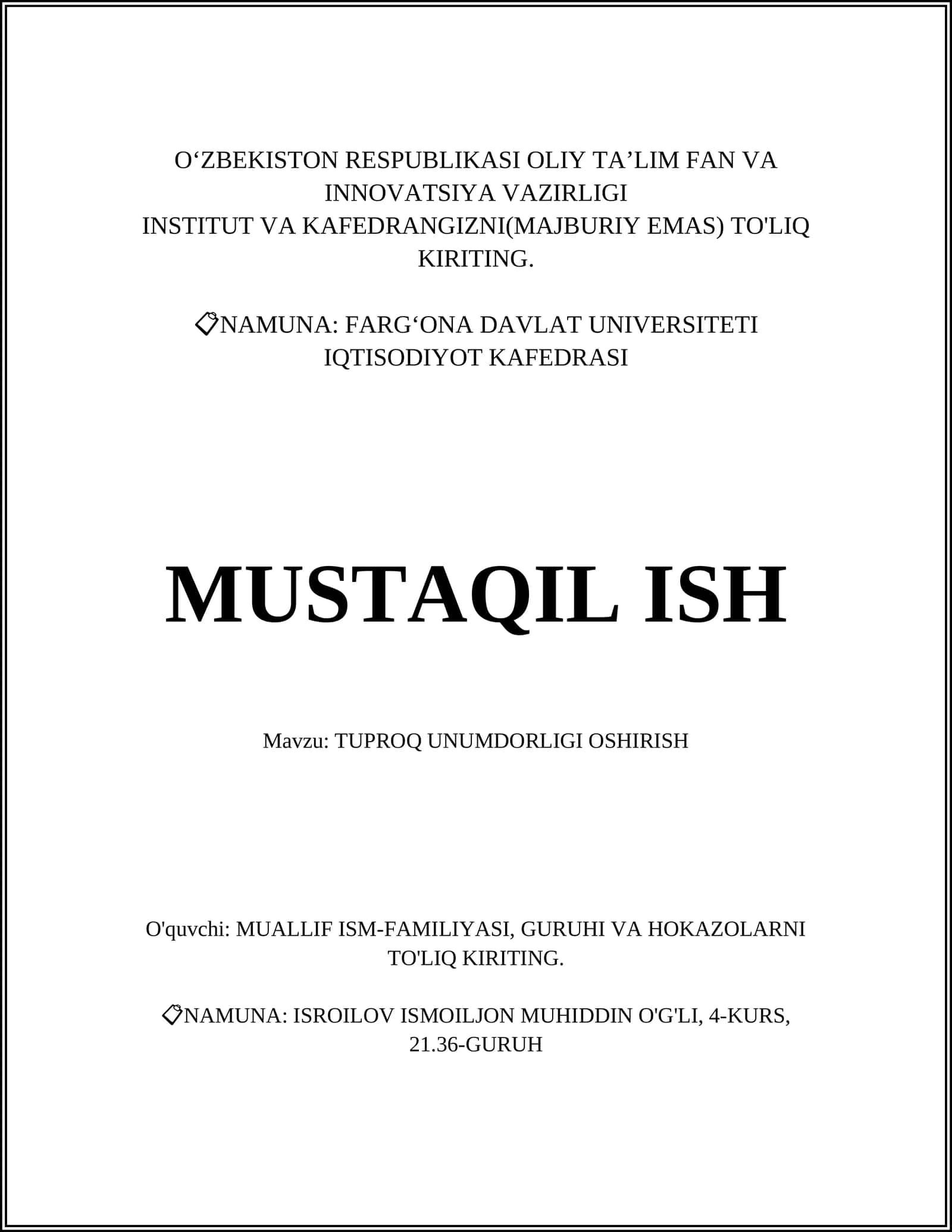 TUPROQ UNUMDORLIGI OSHIRISH