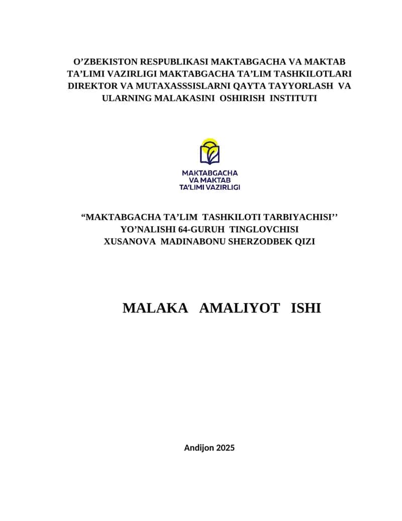 MAKTABGACHA TA’LIM TASHKILOTI TARBIYACHISI