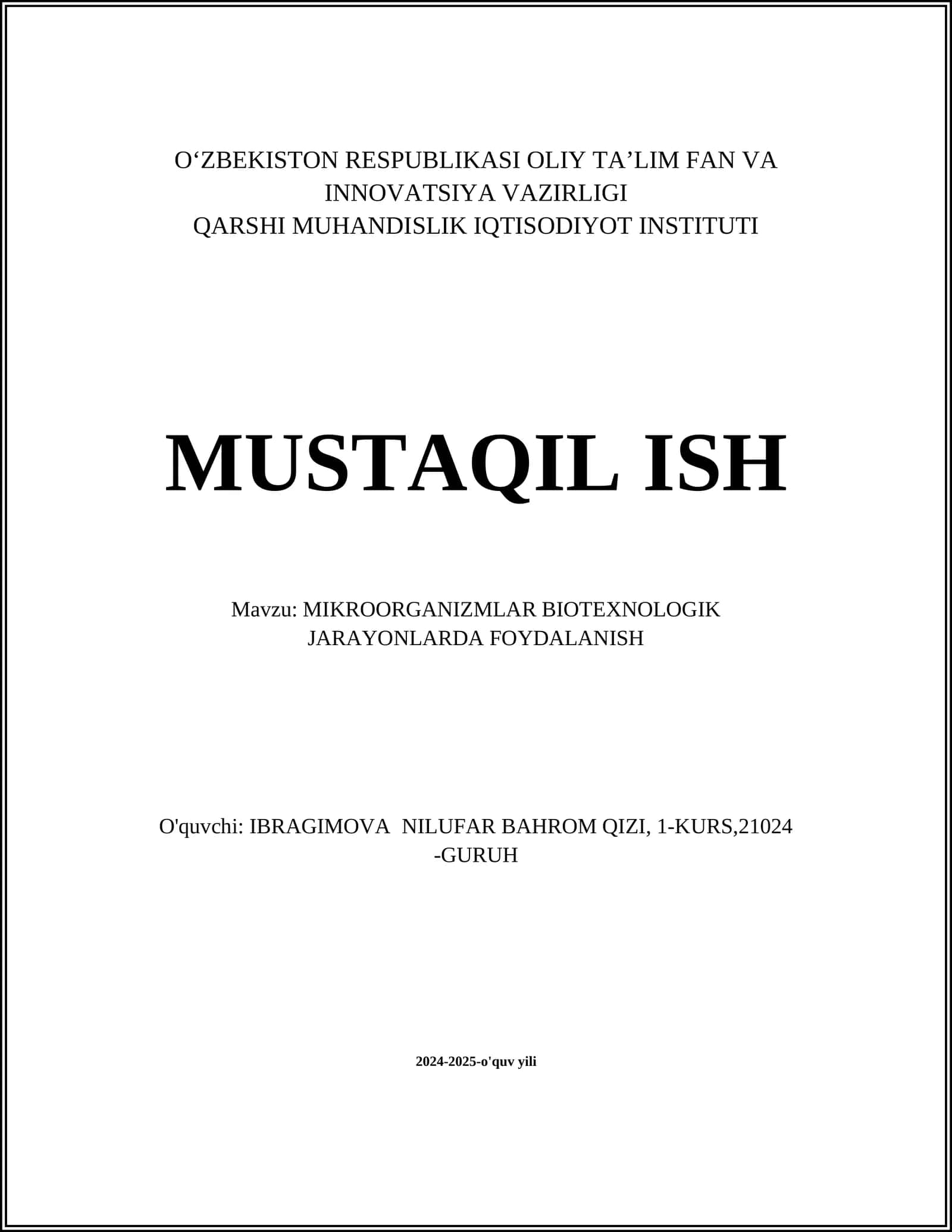 MIKROORGANIZMLAR BIOTEXNOLOGIK JARAYONLARDA FOYDALANISH